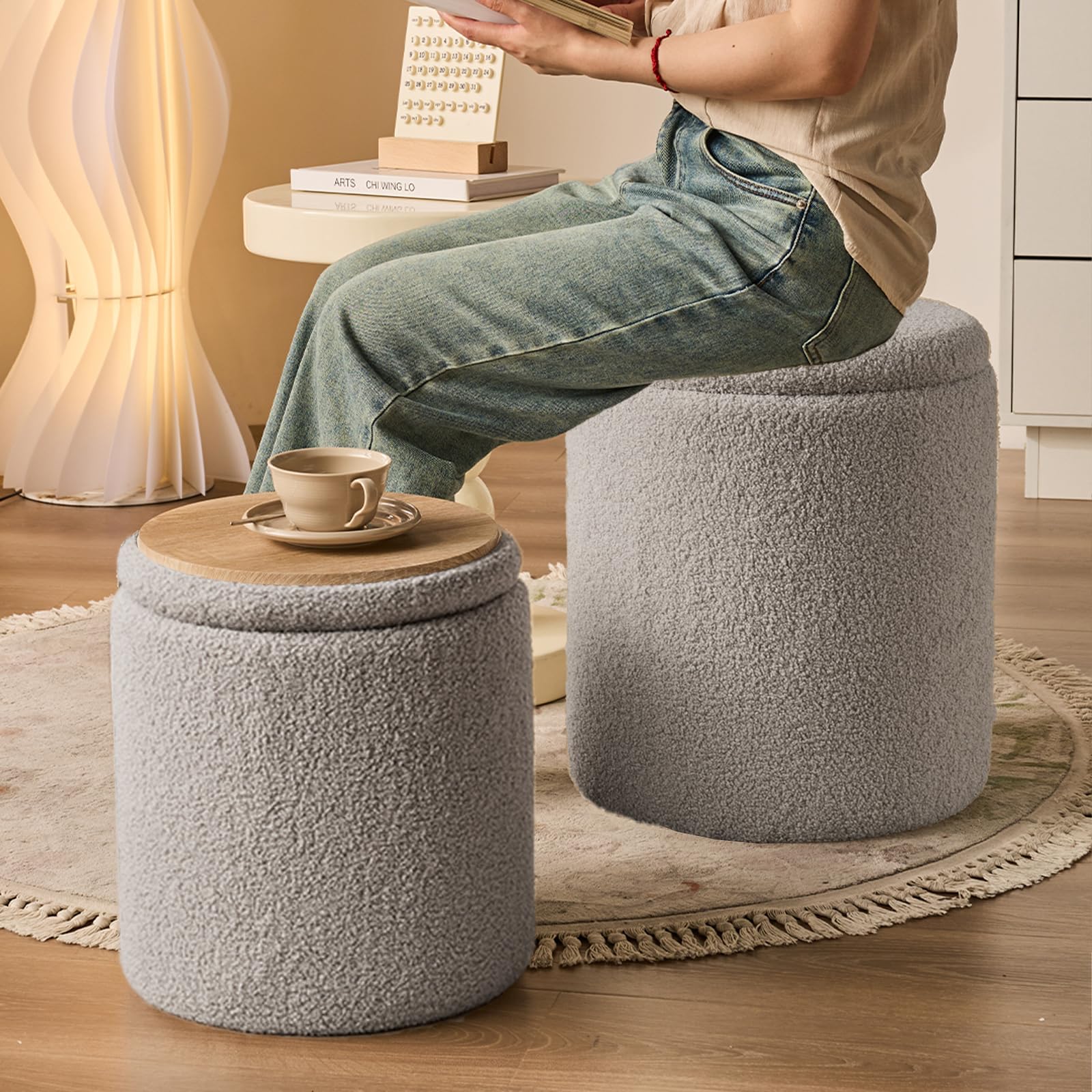 Round Ottoman with Storage Set of 2 Gray Sherpa Vanity Stool (2 Count)