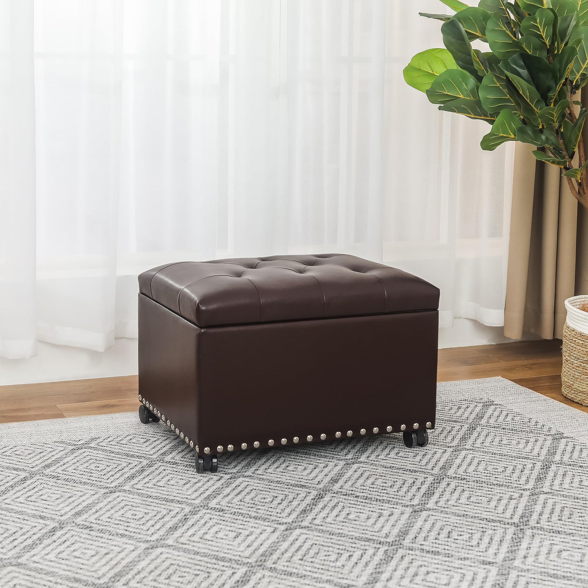 Leather Storage Ottoman with 360° Caster Wheels 24" Foot Rest Bench Rectangle Ottomans Stool for Living Room Bedroom