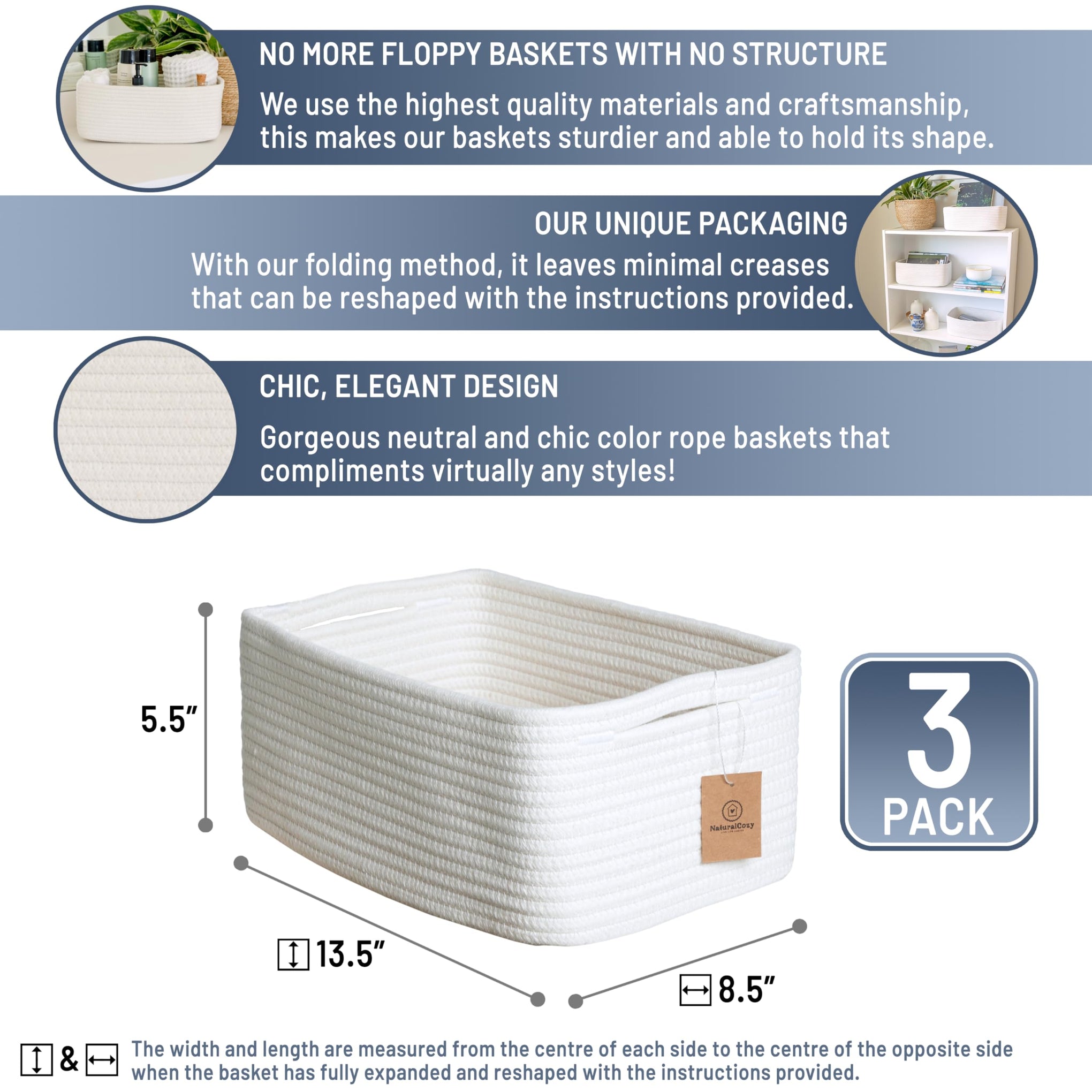 13.5”x8.5”x5.5” Storage Baskets for Shelves 3 Pack (3 Count)