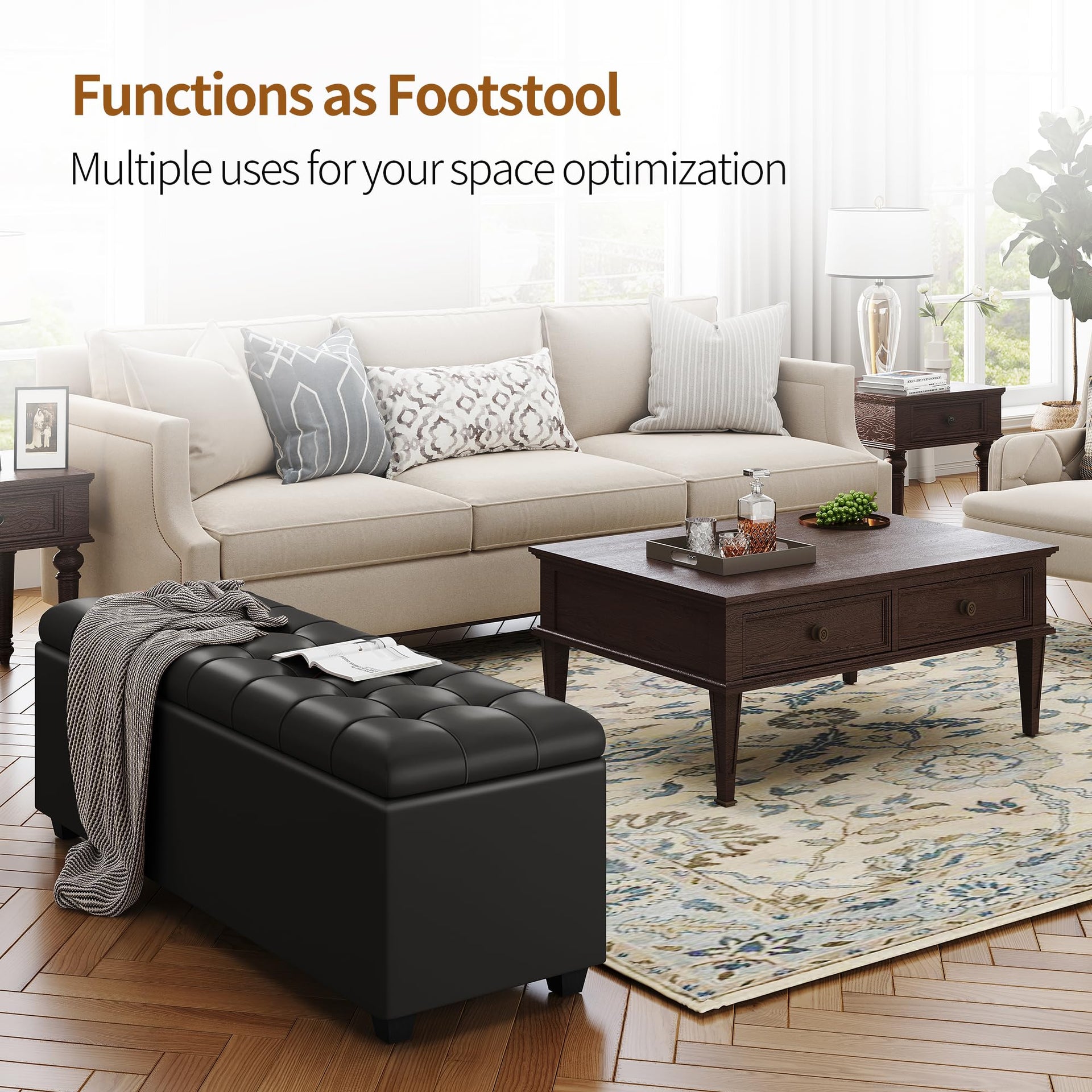 Black 38" Faux Leather Storage Ottoman Bench with Hinged Lid and Footrest