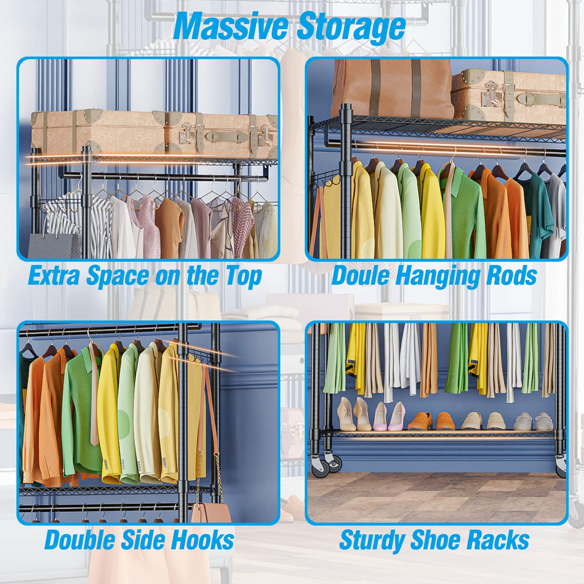 Rolling Garment Rack with Double Rod