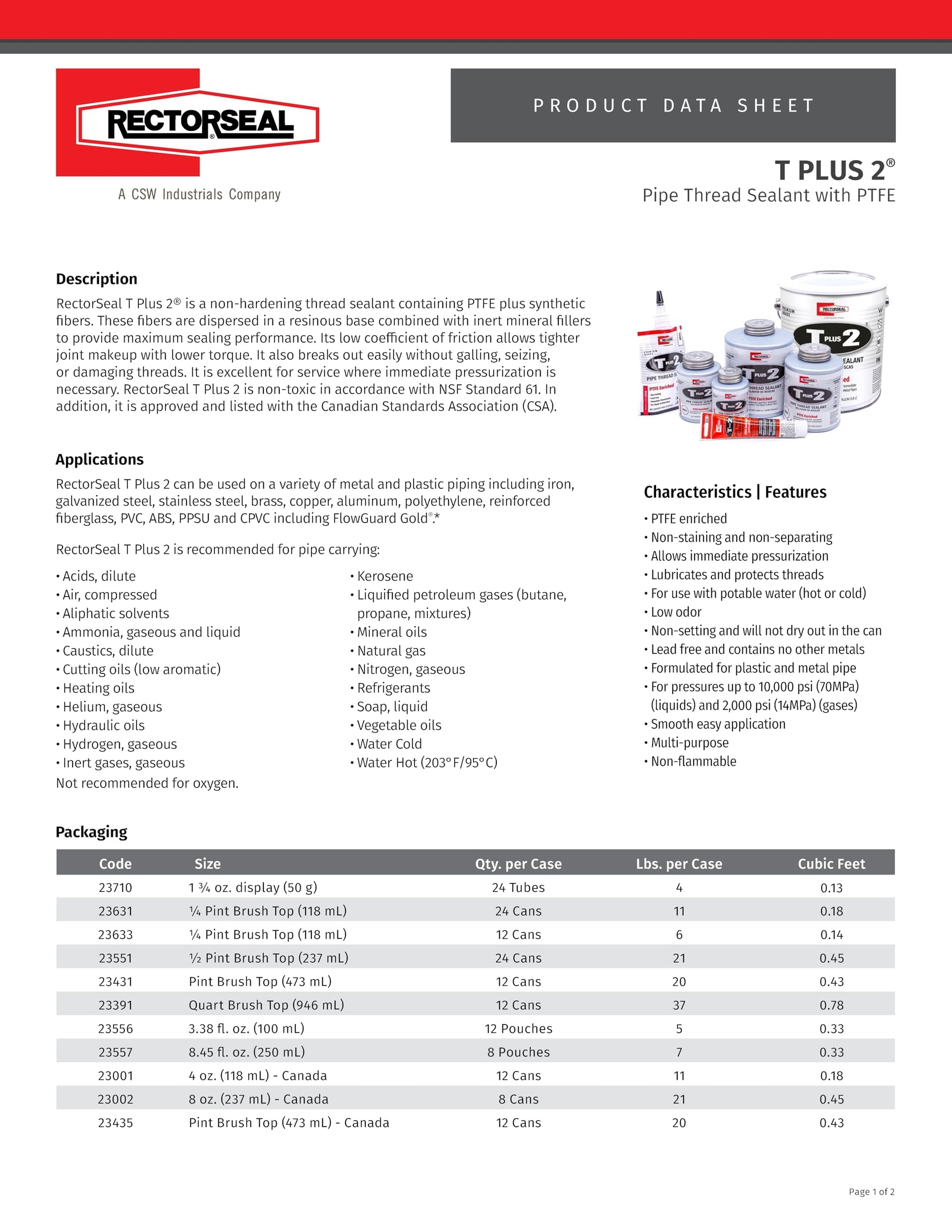 T Plus 2 23710 Pipe Thread Sealant