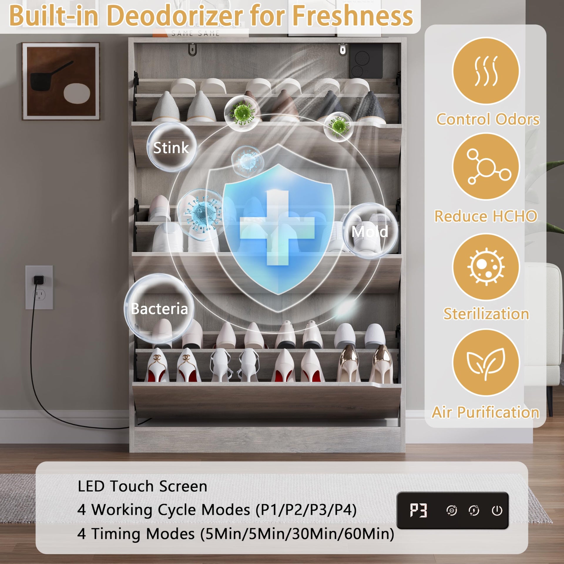 Shoe Cabinet with Odor Control and Back Panels