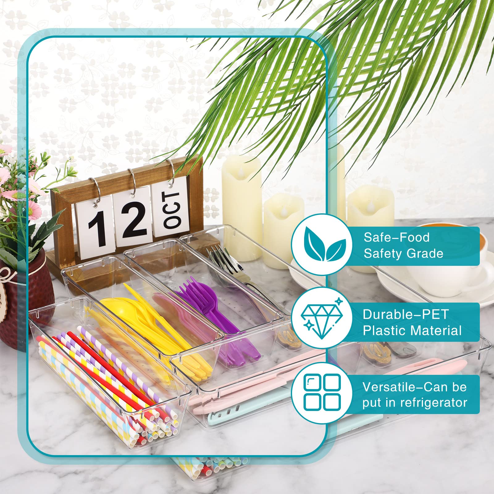 12 Pcs Clear Drawer Organizer 9 x 3 x 2 Inches Plastic Rectangle Trays Makeup Vanity Storage Bins and Kitchen Drawers Dividers for Office Desk Silverware Kitchen Utensils (12 Count)