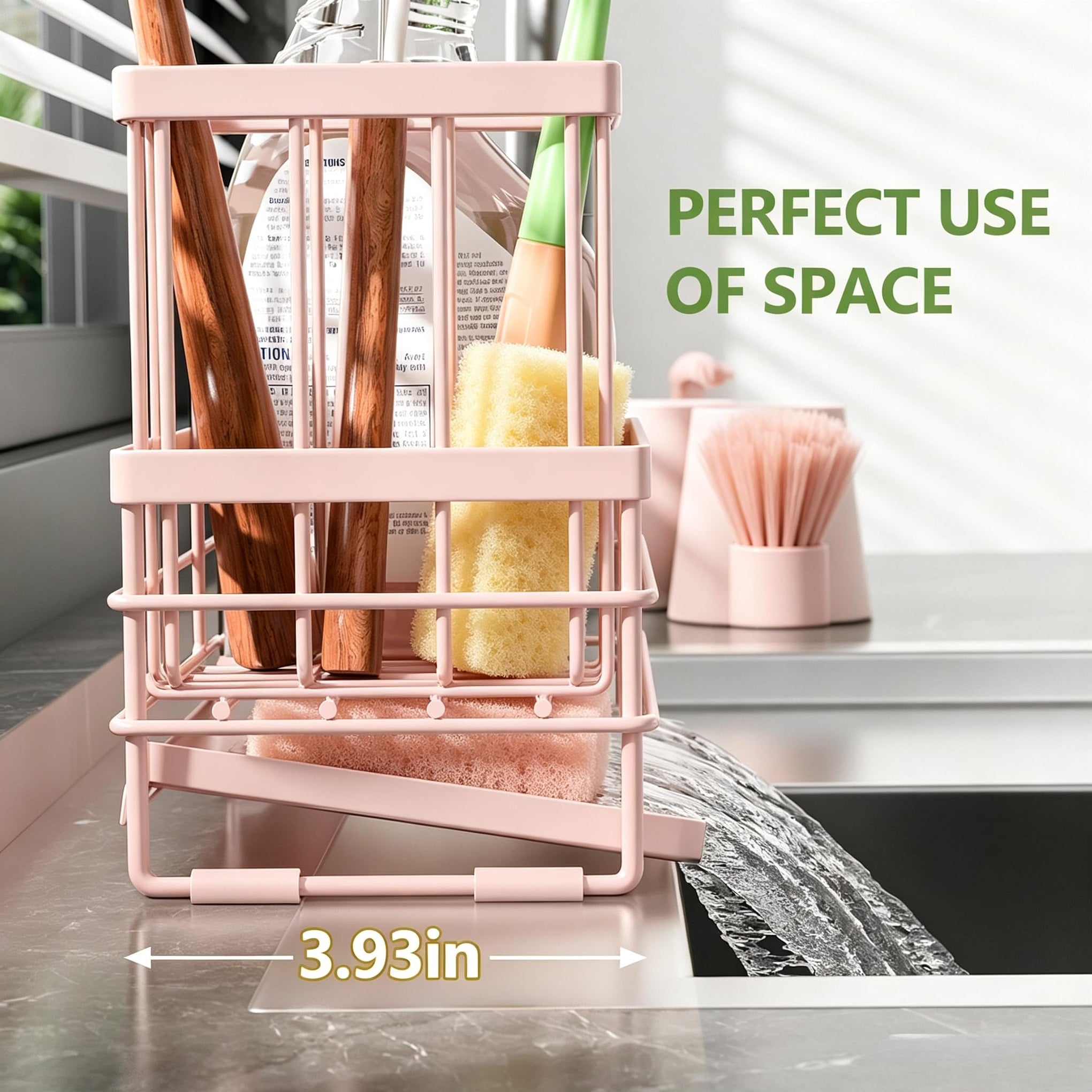 Pink Sink Caddy Sponge Holder for Kitchen with Brush Holder and Stainless Steel Self Drain Tray