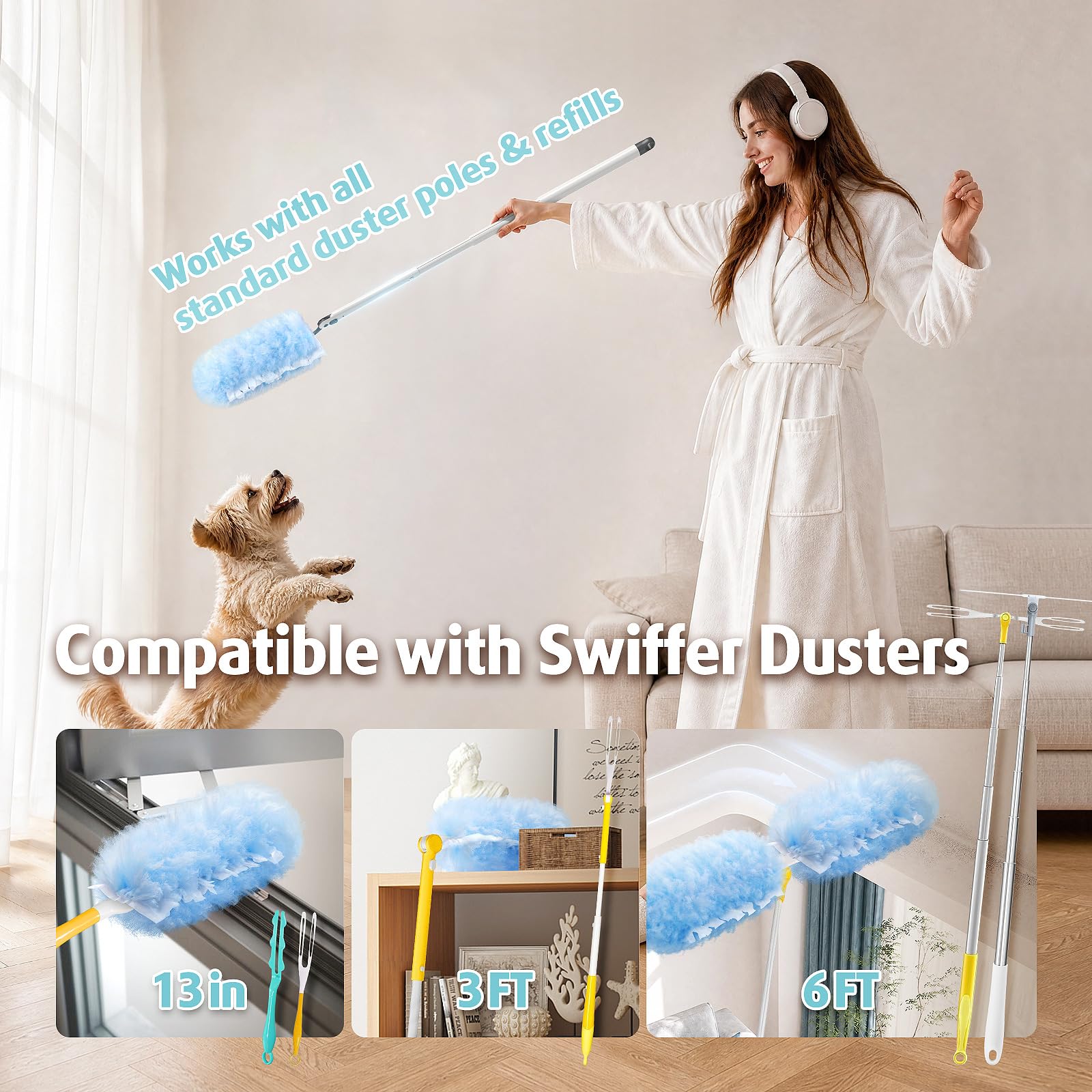 30 Count Duster Kit Refills with 3 ft Extendable Handle for Swiffer