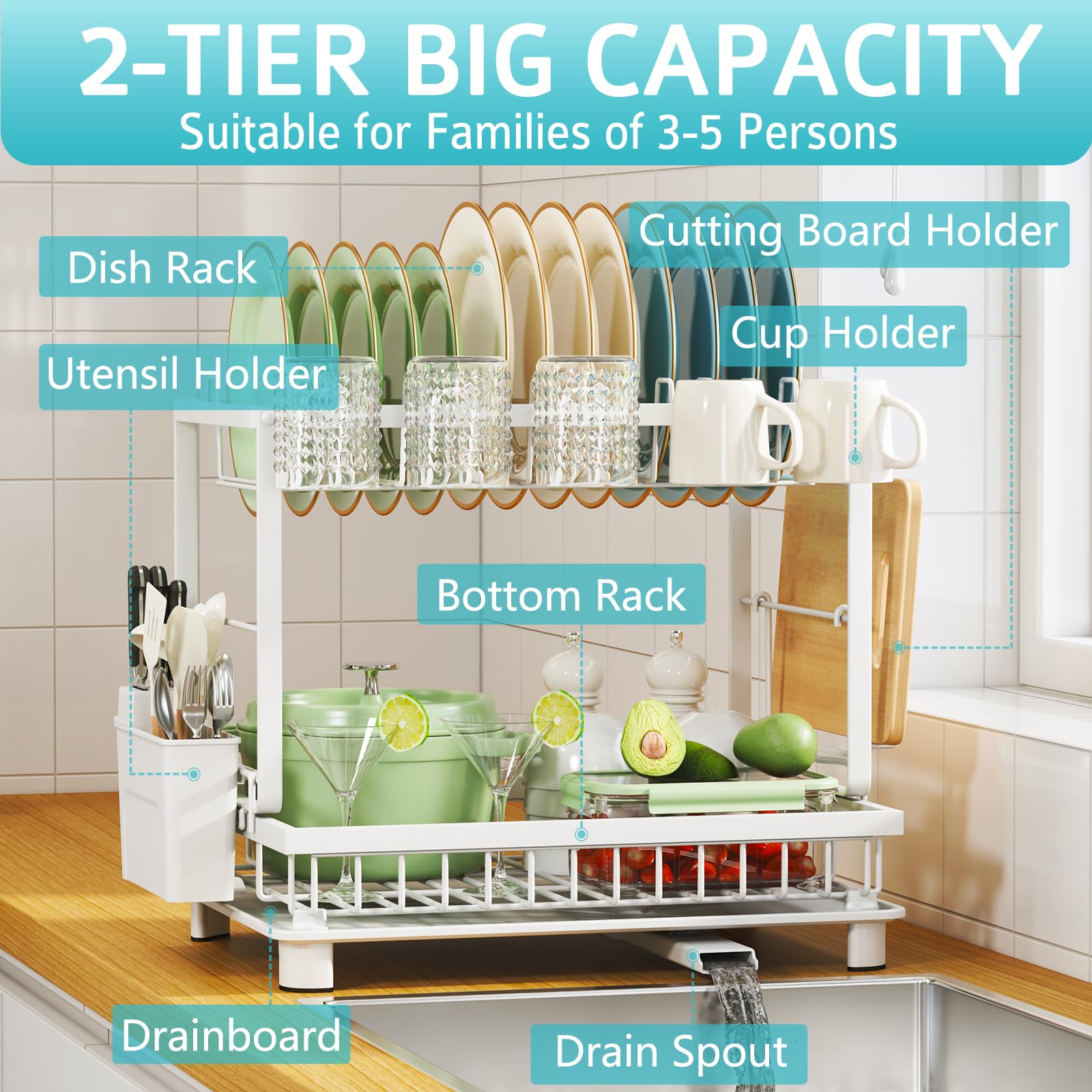 2 Tier Dish Drying Rack for Kitchen Counter