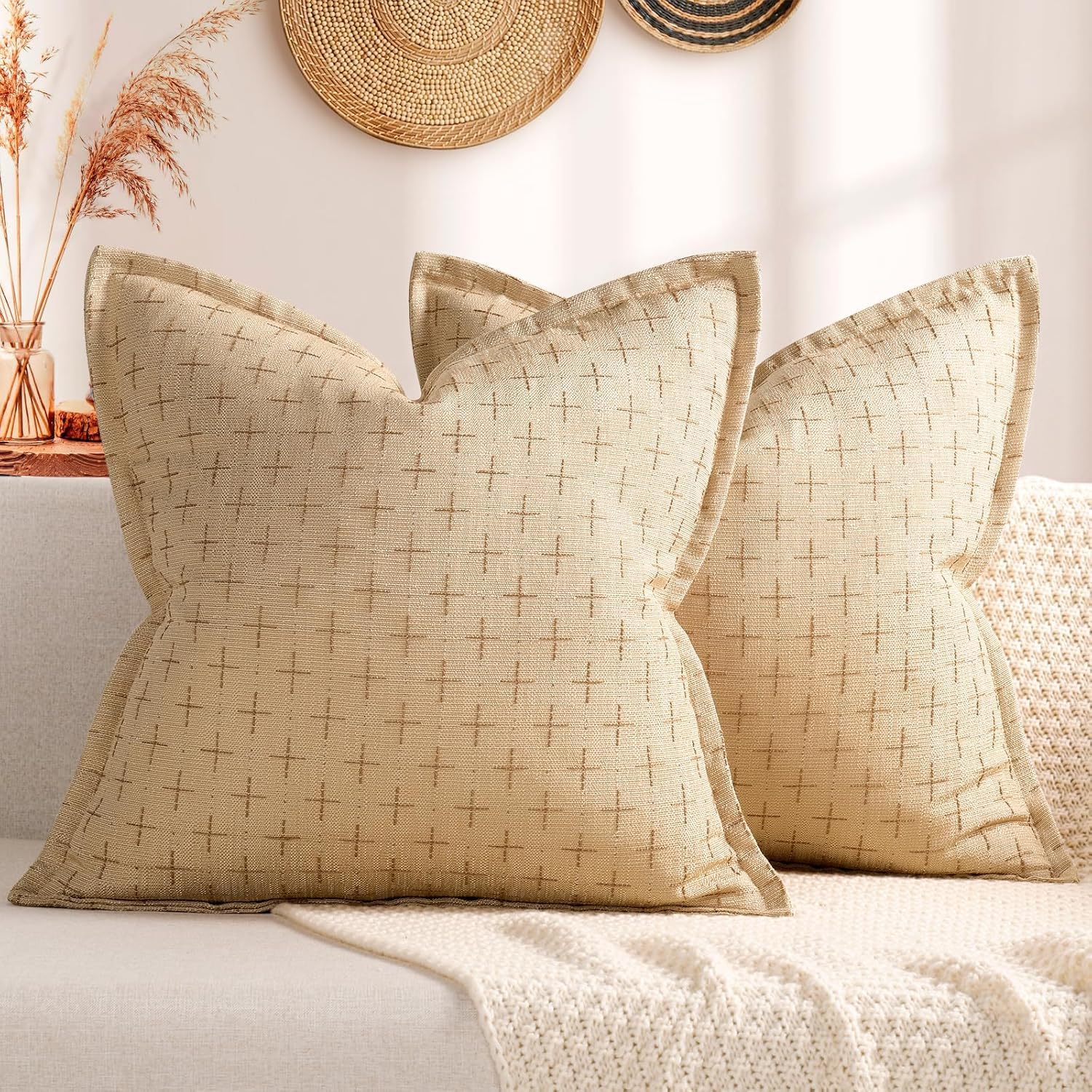 Pillow Covers 24x24 Set of 2 Soft Polyester Textured Pillow Covers with Stylish Flange Edge Cozy Farmhouse Throw Pillows for Couch Bed Sofa Living Room (2 Count)