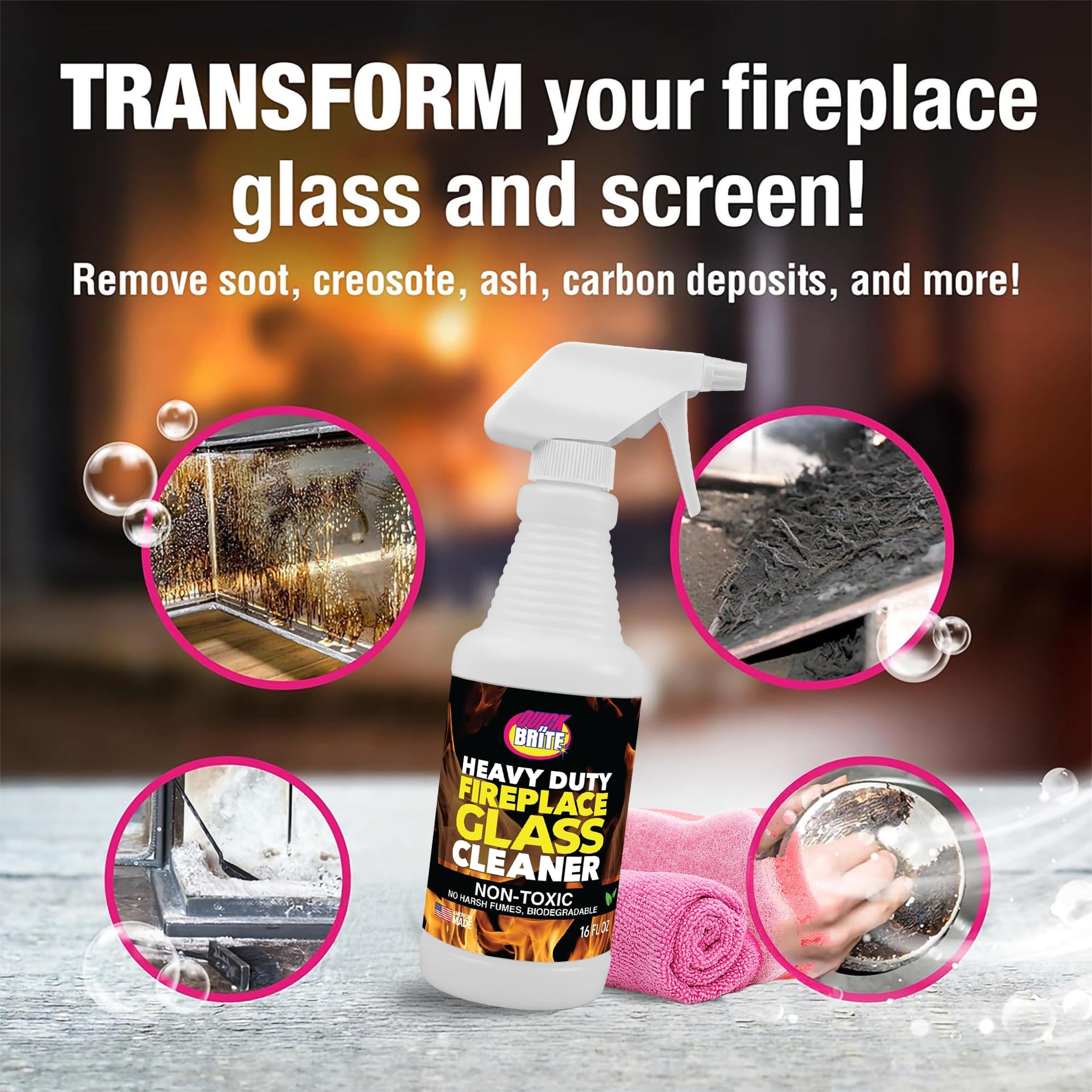 Quick N Brite Fireplace Glass Cleaner Kit with Cloth and Sponge (16 Fl Oz)