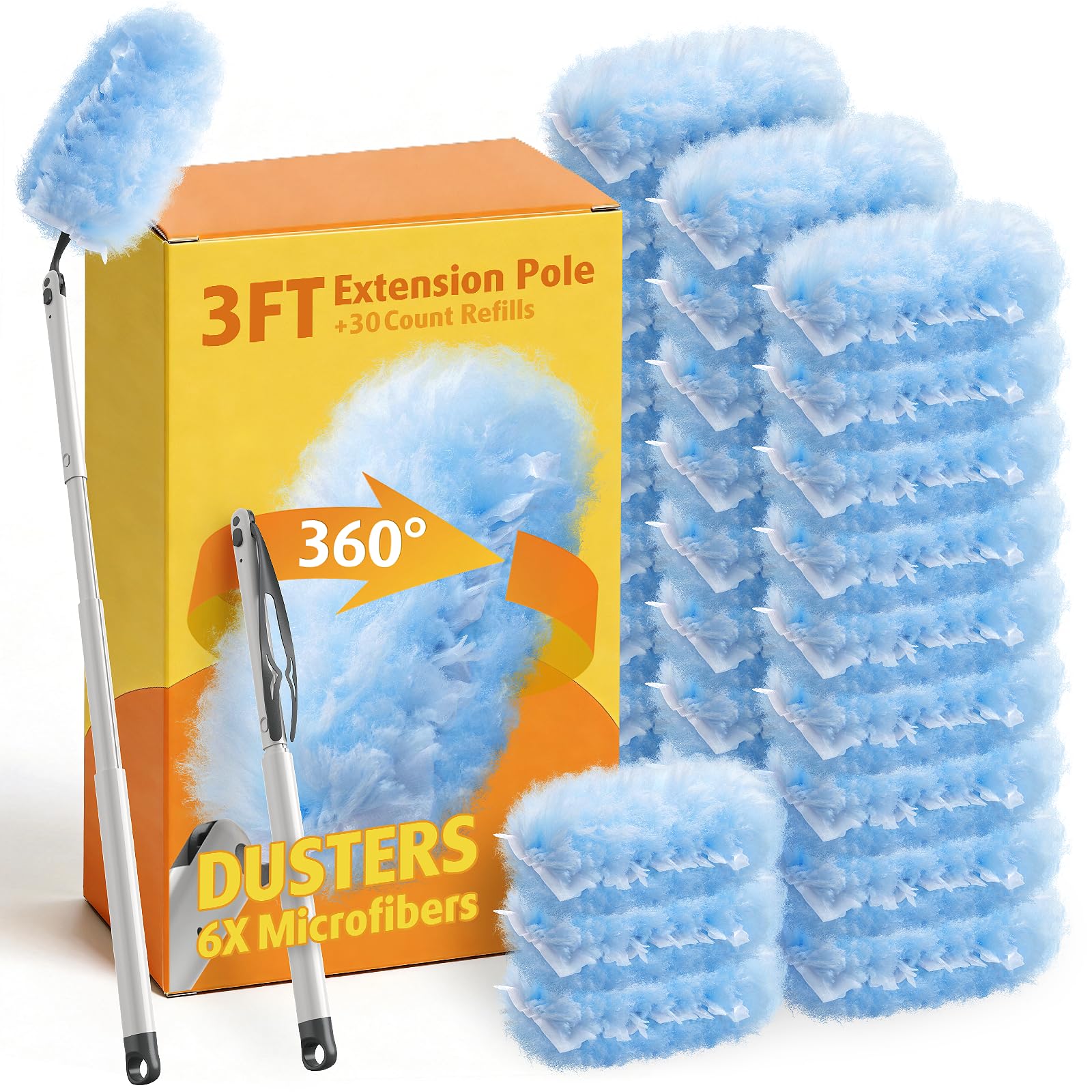 30 Count Duster Kit Refills with 3 ft Extendable Handle for Swiffer