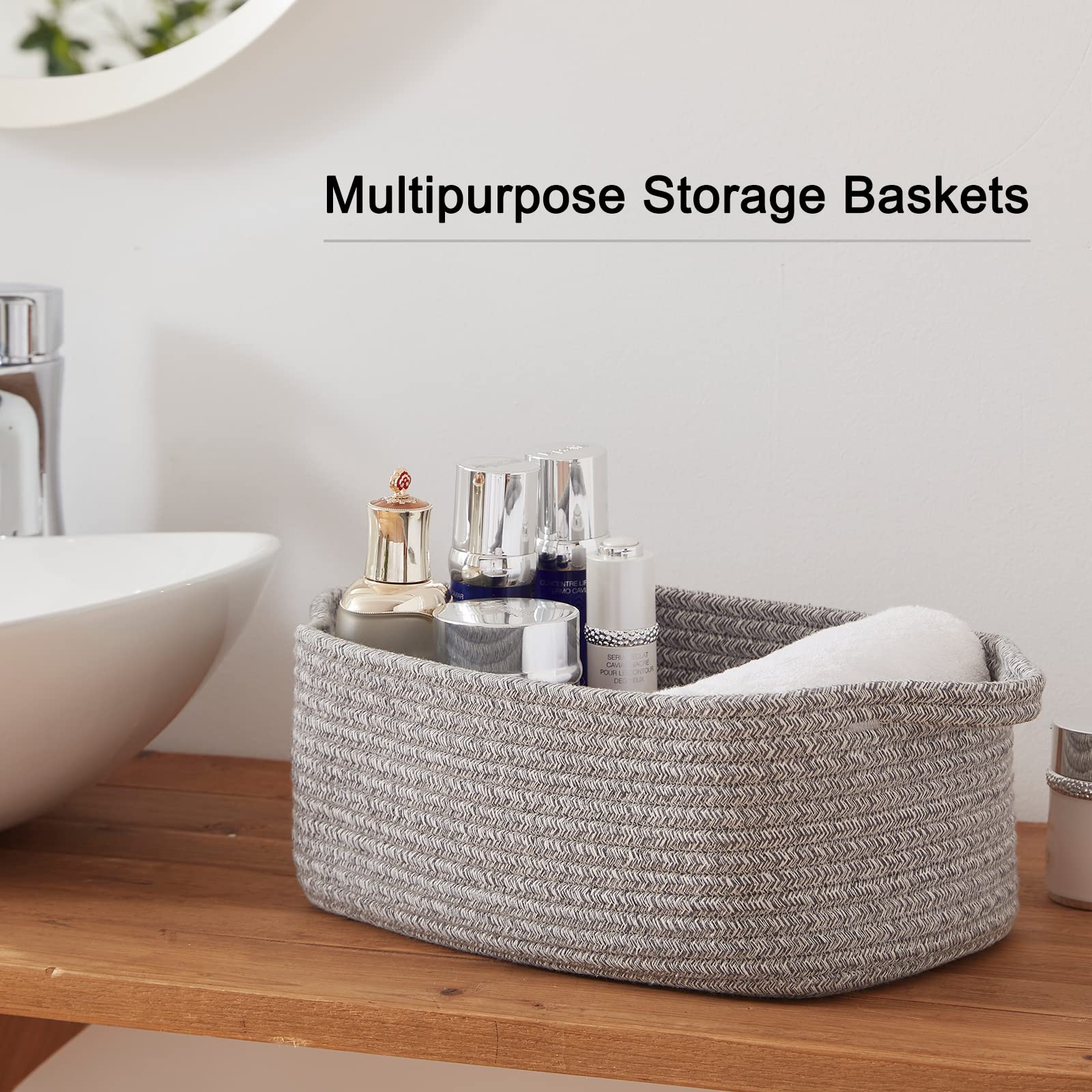 3 Pack Storage Baskets for Shelves Cotton Rope Storage Bins Grey (3 Count)