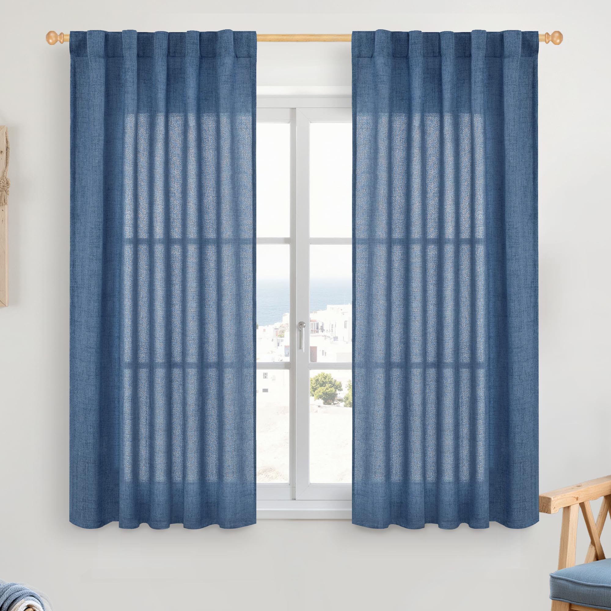 Navy Blue Linen Curtains 48 Inch Length (2 Count)