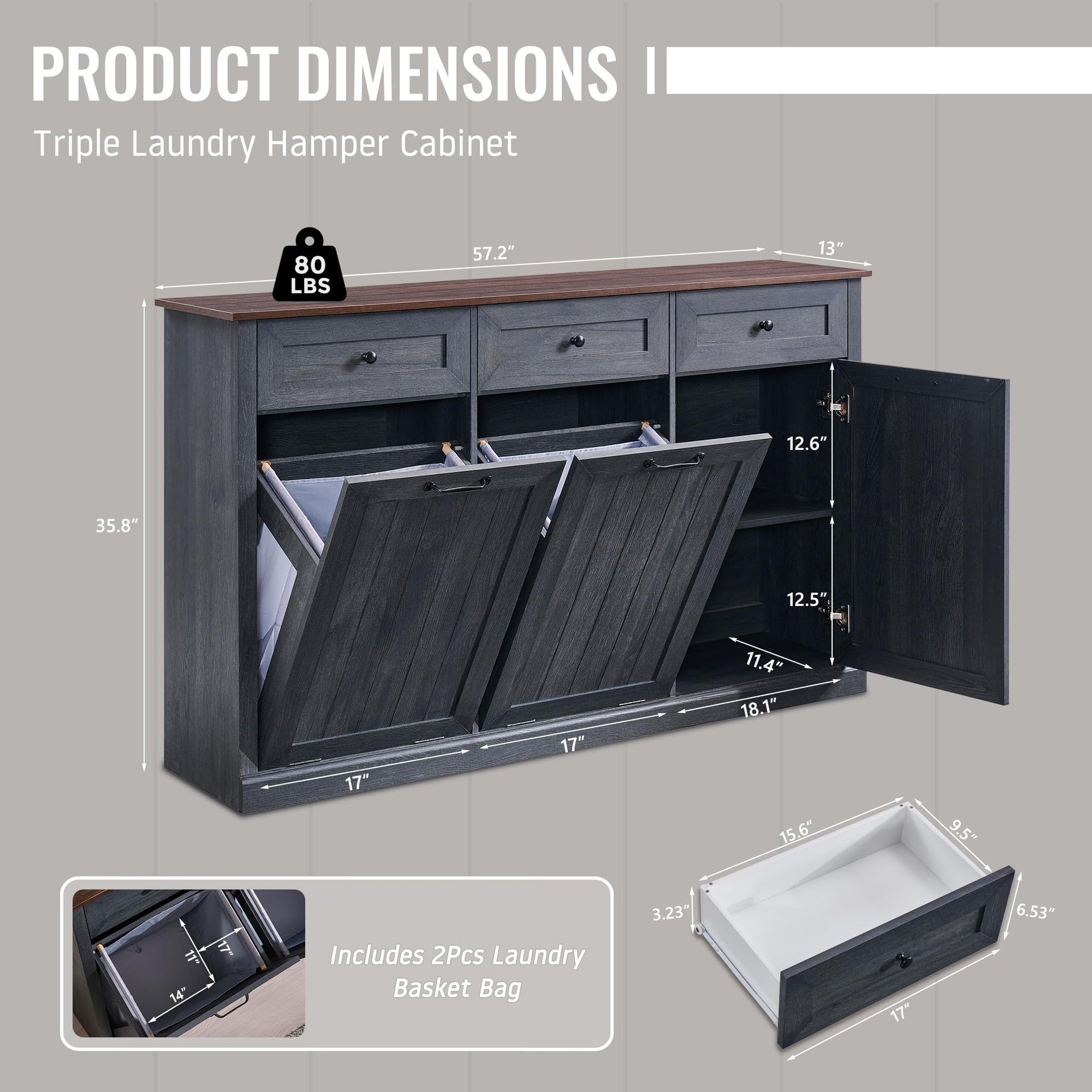 Triple Tilt Out Laundry Hamper Cabinet