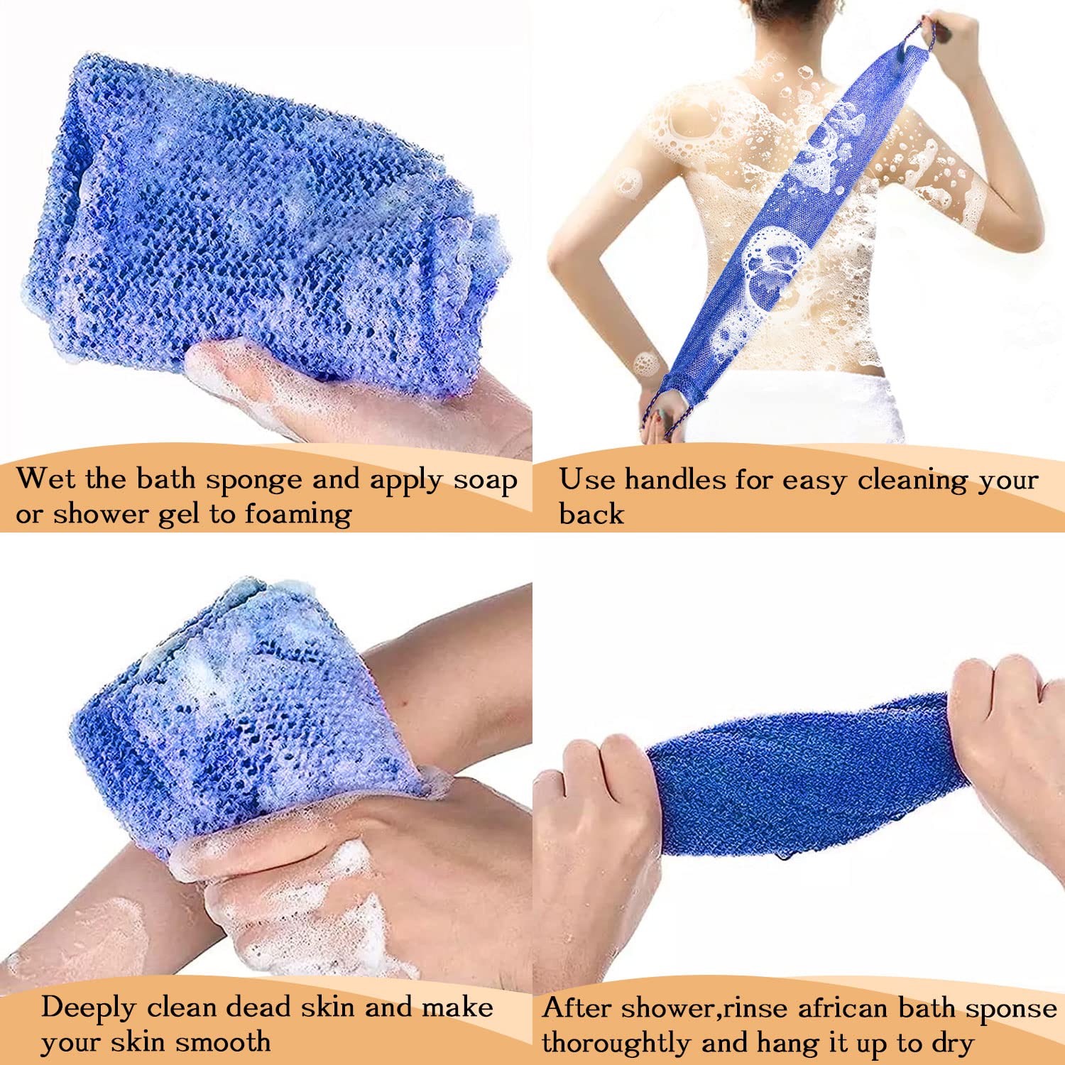 3 Pieces African Net Sponge with Handles Long African Exfoliating Net Washcloth Bath Sponge Net Cloth Wash Net Body Back Scrubber for Shower Loofah (3 Count)