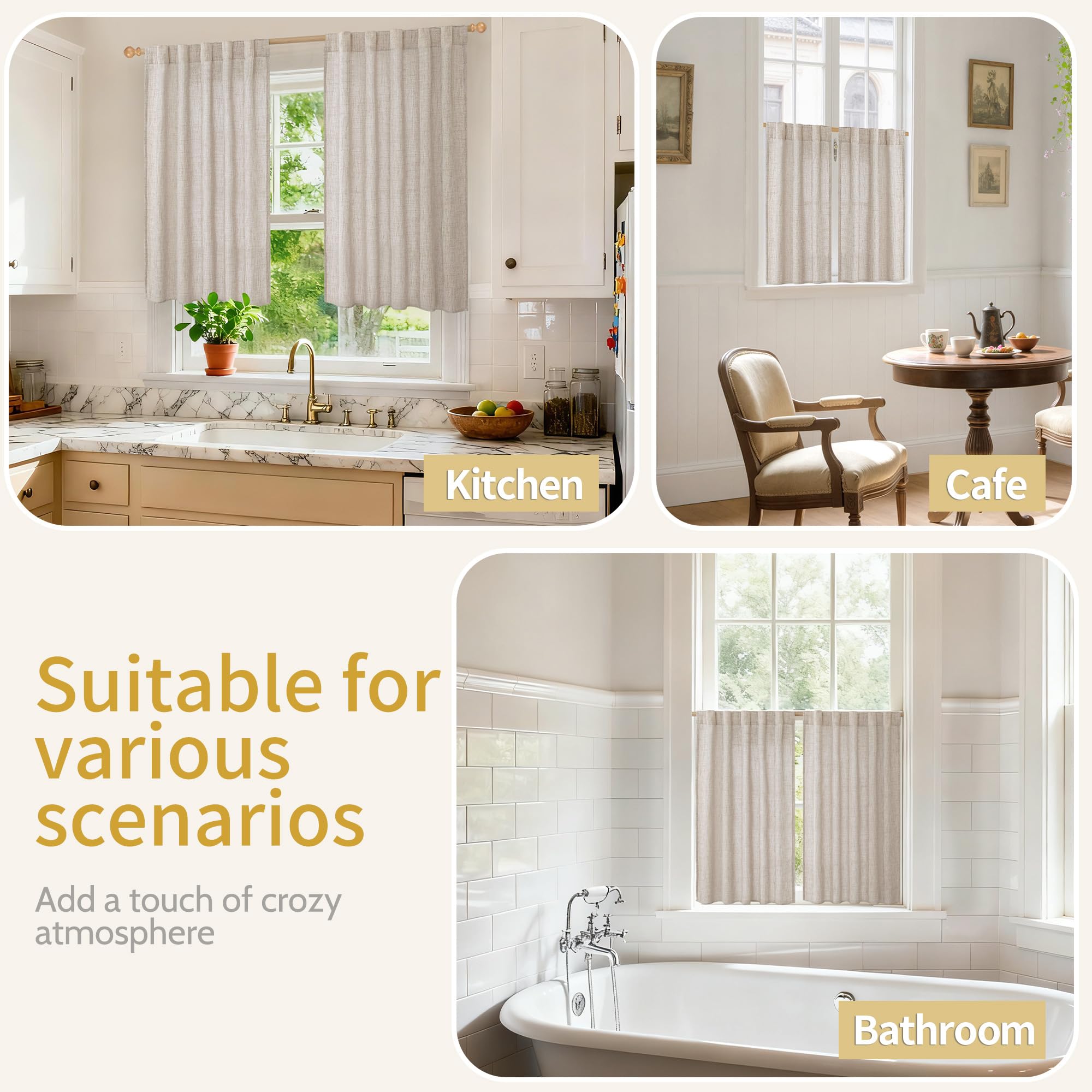 Linen Semi Sheer Curtains 30X36 Inch for Kitchen Cafe Window Over Sink (2 Count)
