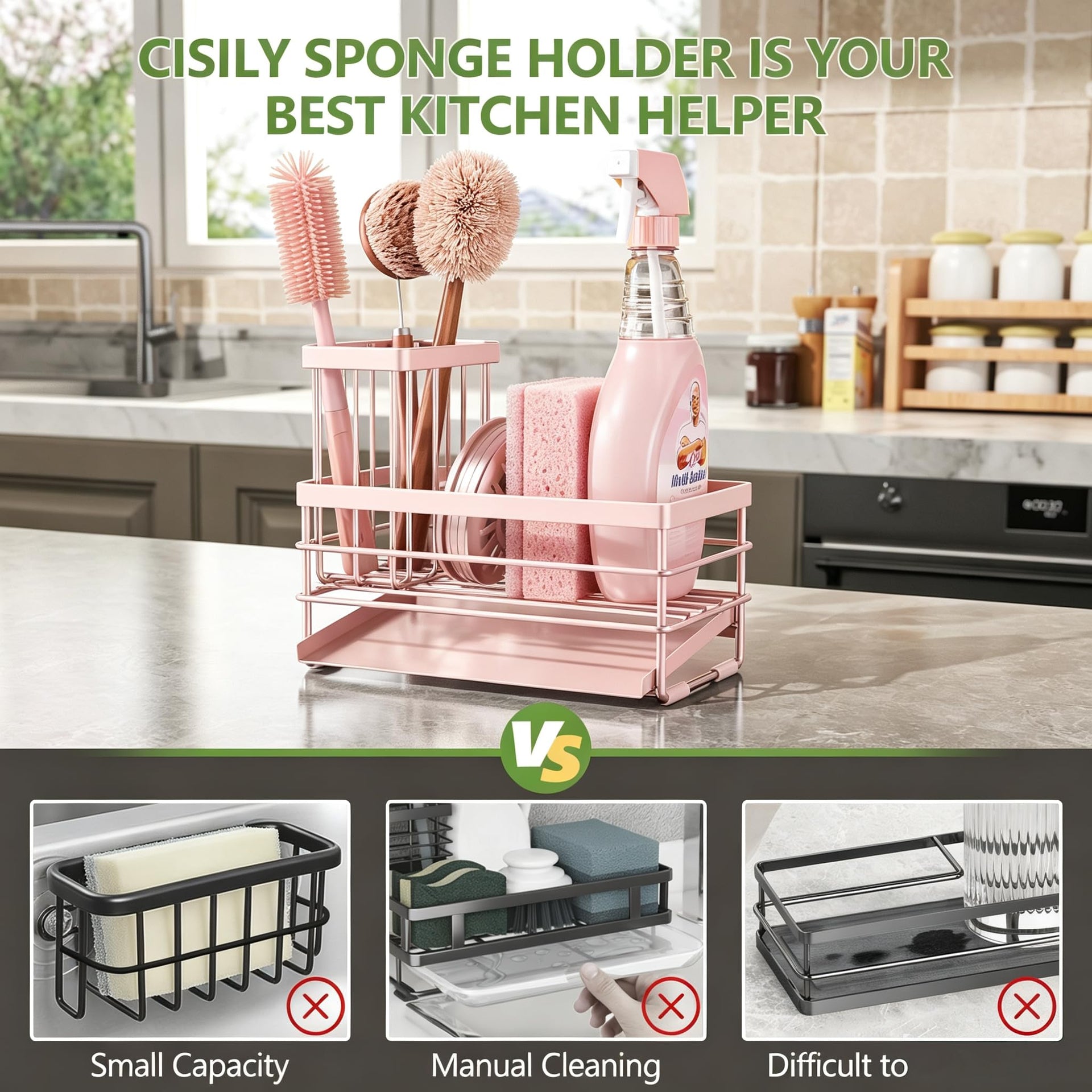 Pink Sink Caddy Sponge Holder for Kitchen with Brush Holder and Stainless Steel Self Drain Tray