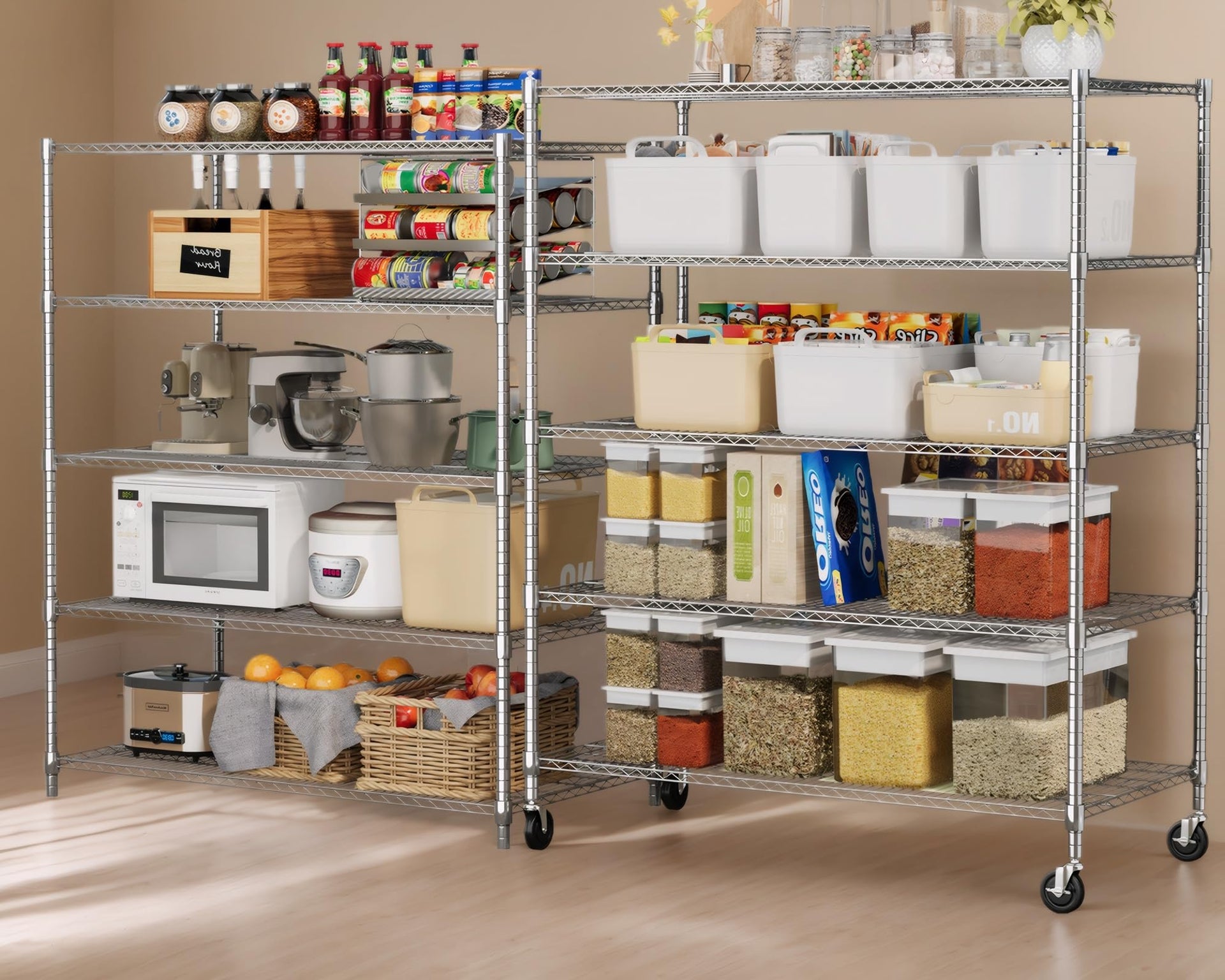 5 Tier Wire Shelving with Wheels Heavy Duty Height Adjustable Metal Shelves for Storage (5 Count)