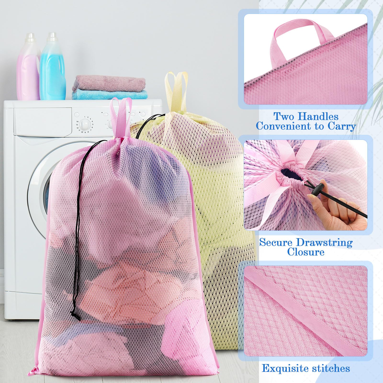 6 Pack 24 x 36 Inches Colorful Large Mesh Laundry Bag with Handles Soft Machine Washable Secure Drawstring Closure Sturdy Mesh Net Laundry for College Travel Dorm Laundromat (6 Count)