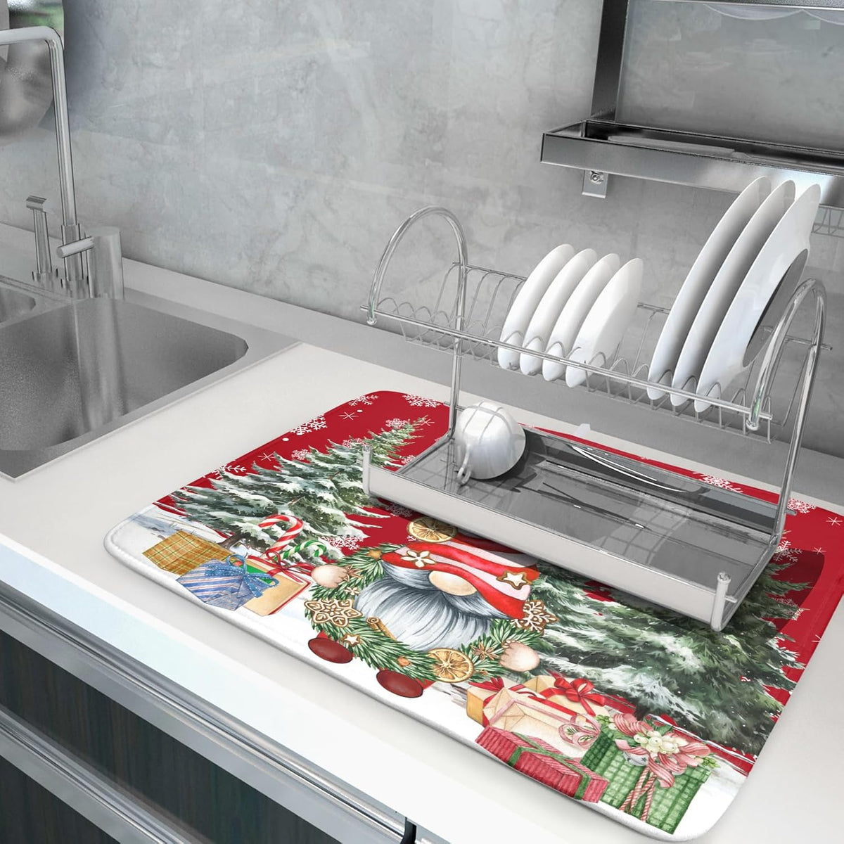 Christmas Gnome Dish Drying Mats for Kitchen Counter Christmas Gnomes Snowflakes Absorbent Microfiber Dishes Drying Pad Xmas Kitchen Drying Mat Drying Rack Mat Kitchen Accessories 16"x18"