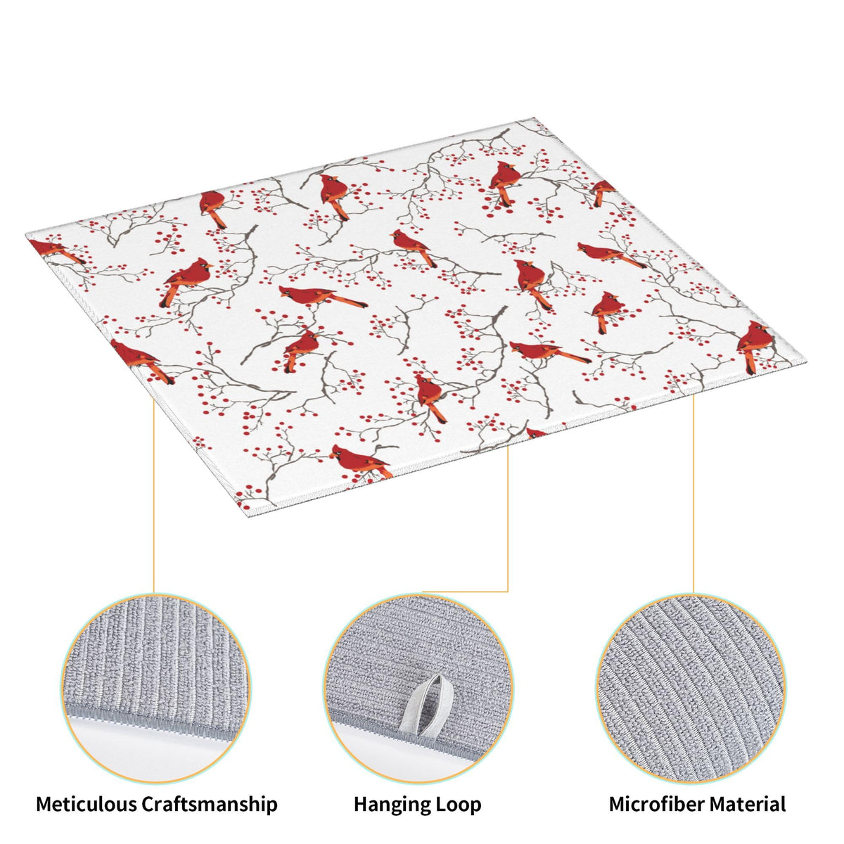 Cardinal Bird Red Berry Decor Kitchen Drying Mat Cute 16x18 Inch