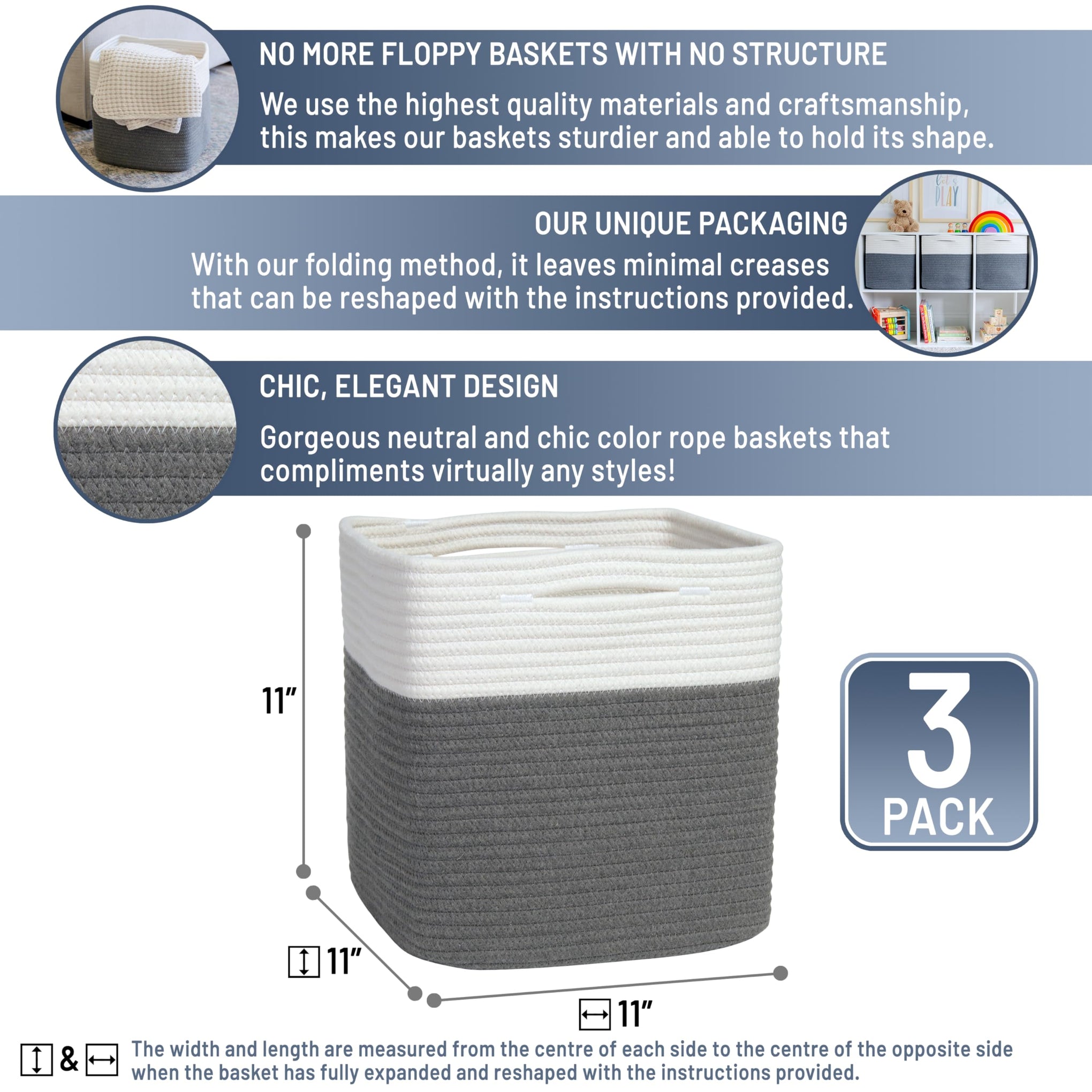 Storage Cubes 11 Inch Cotton Rope Woven Baskets for Organizing (3 Count)