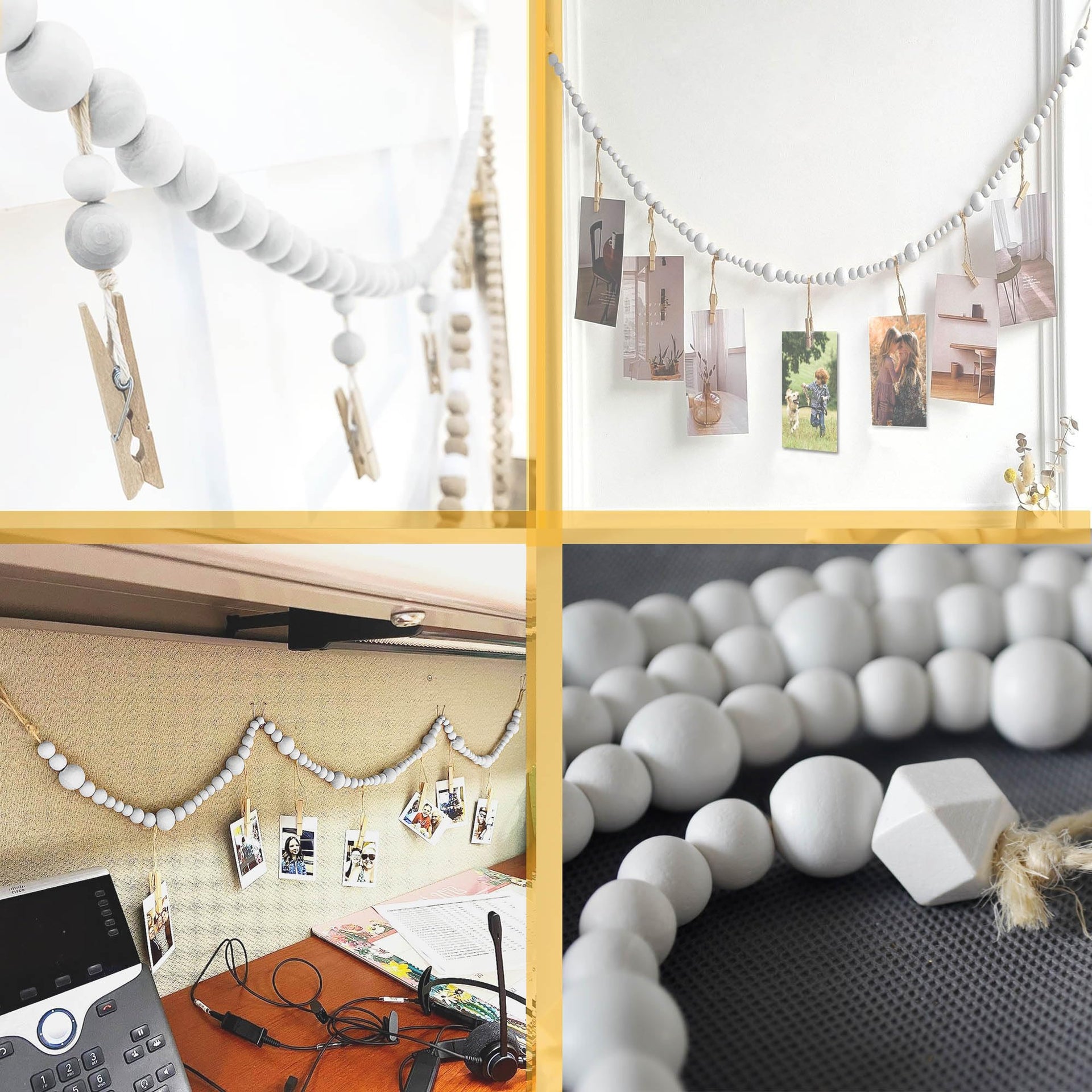 4 Feet Wooden Beads Garland with Clothespins Picture Cards Holder (4 Foot)