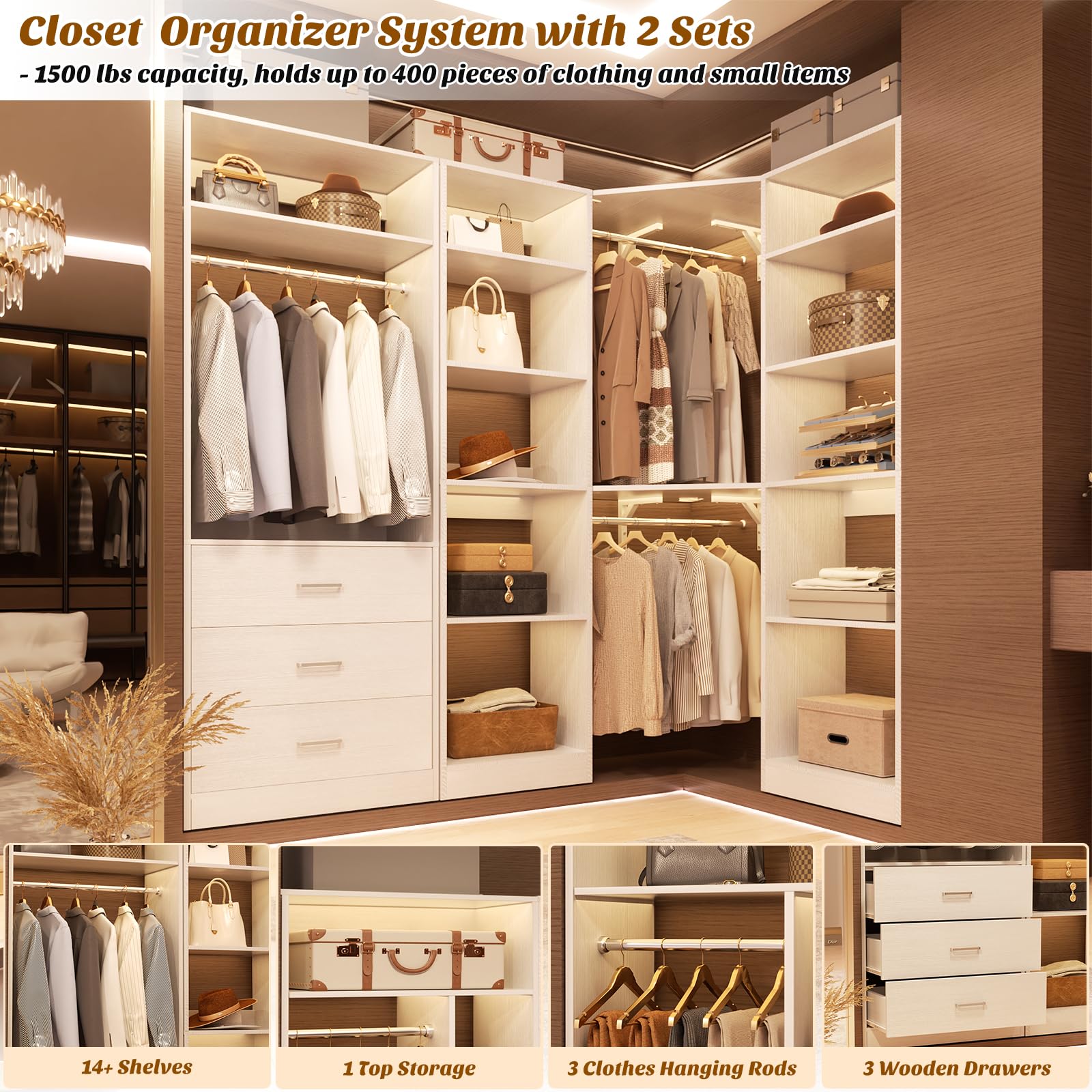 Corner Closet System with 3 Drawers