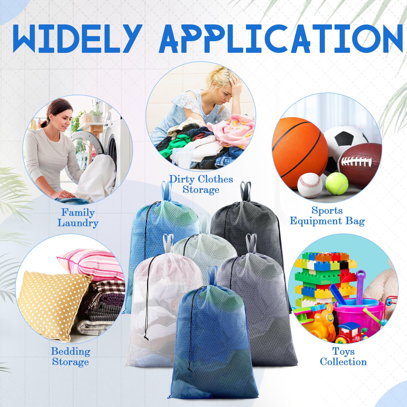 6 Pack 24 x 36 Inches Blue Soft Mesh Laundry Bag with Handles Machine Washable Secure Drawstring Closure Large Sturdy Mesh Net Laundry for College Travel Dorm Laundromat (6 Count)