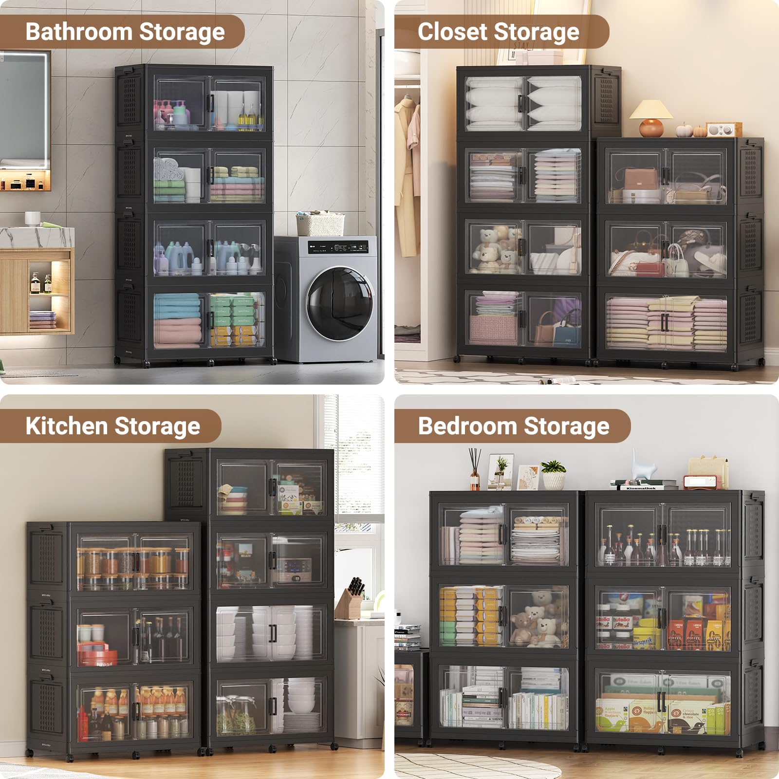 150Gal XL Stackable Storage Bins Foldable Box Cabinet for Home 3Pack Black (3 Count)