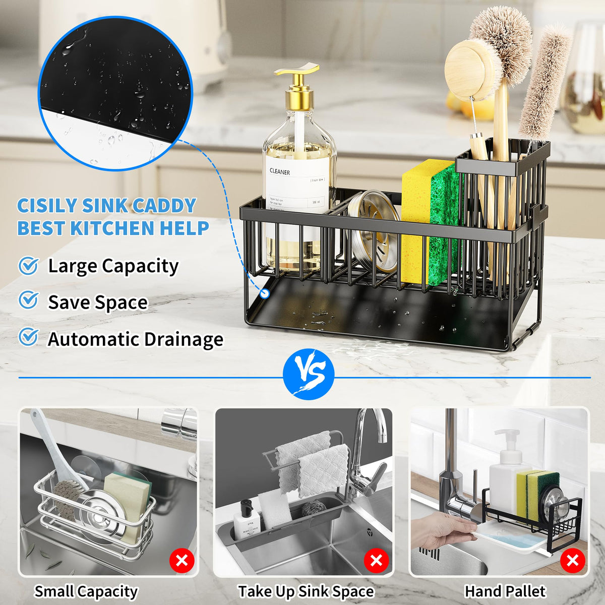 Sink Caddy Sponge Holder for Kitchen with Brush Holder and Stainless Steel Self Drain Tray