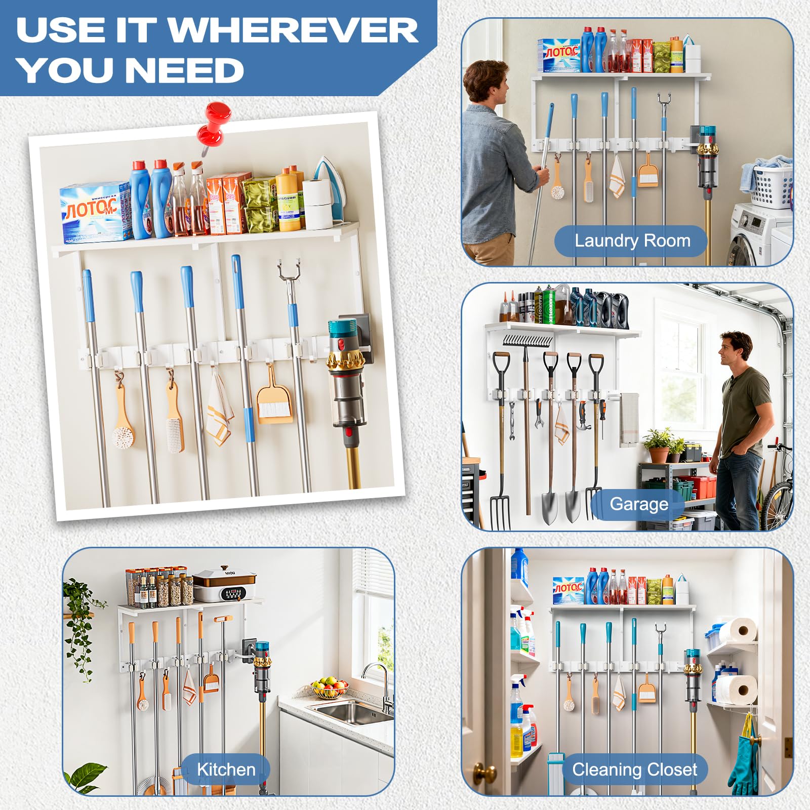 Broom Holder Wall Mount with Cleaning Supplies Organizer