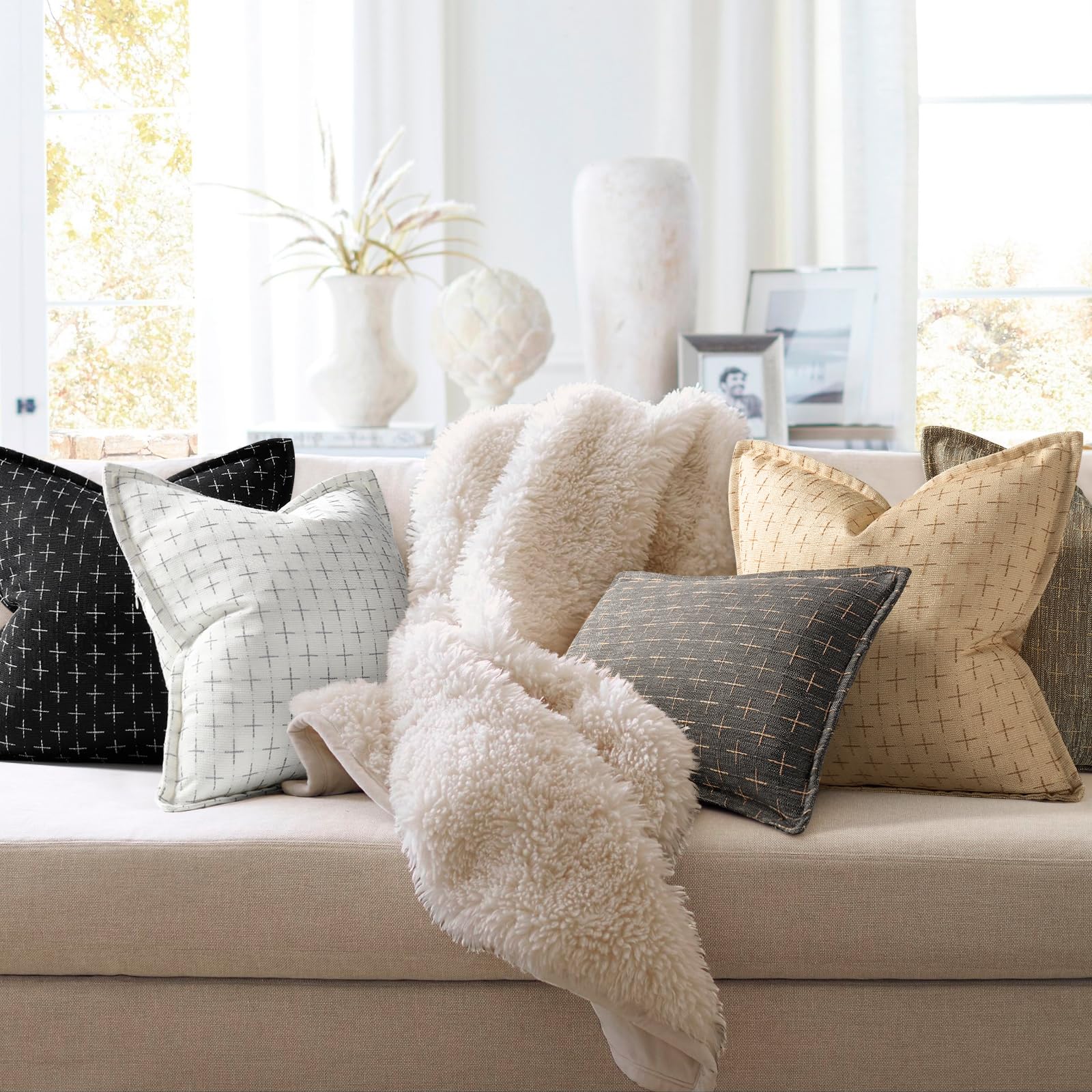Pillow Covers 24x24 Set of 2 Soft Polyester Textured Pillow Covers with Stylish Flange Edge Cozy Farmhouse Throw Pillows for Couch Bed Sofa Living Room (2 Count)