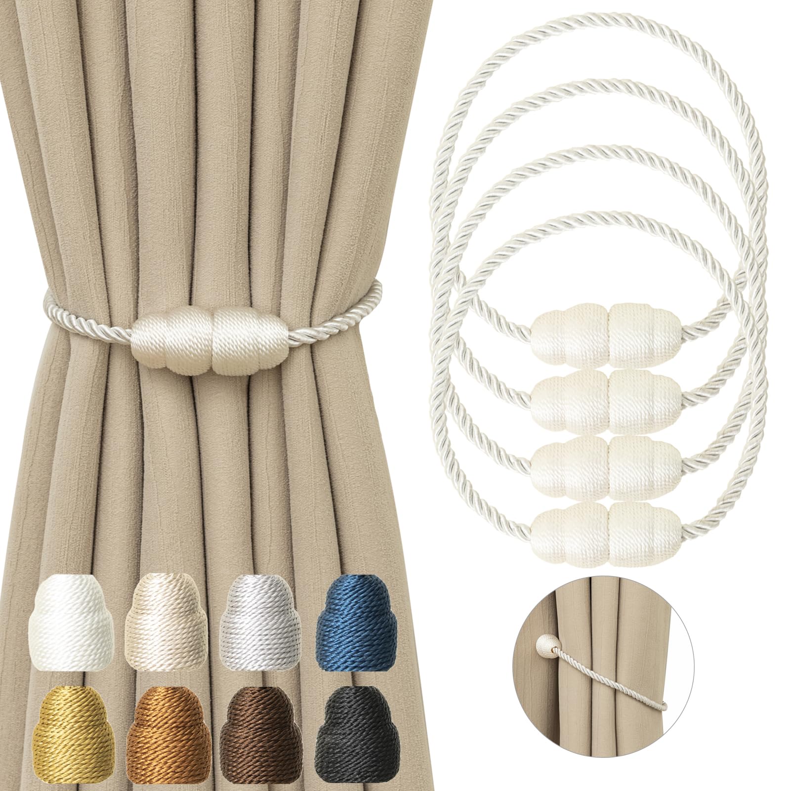 Magnetic Curtain Tiebacks Rope Curtain Tie Backs for Curtains 4 Pack Curtain Holders for Drapes Decorative Window Curtain Holdbacks (4 Count)