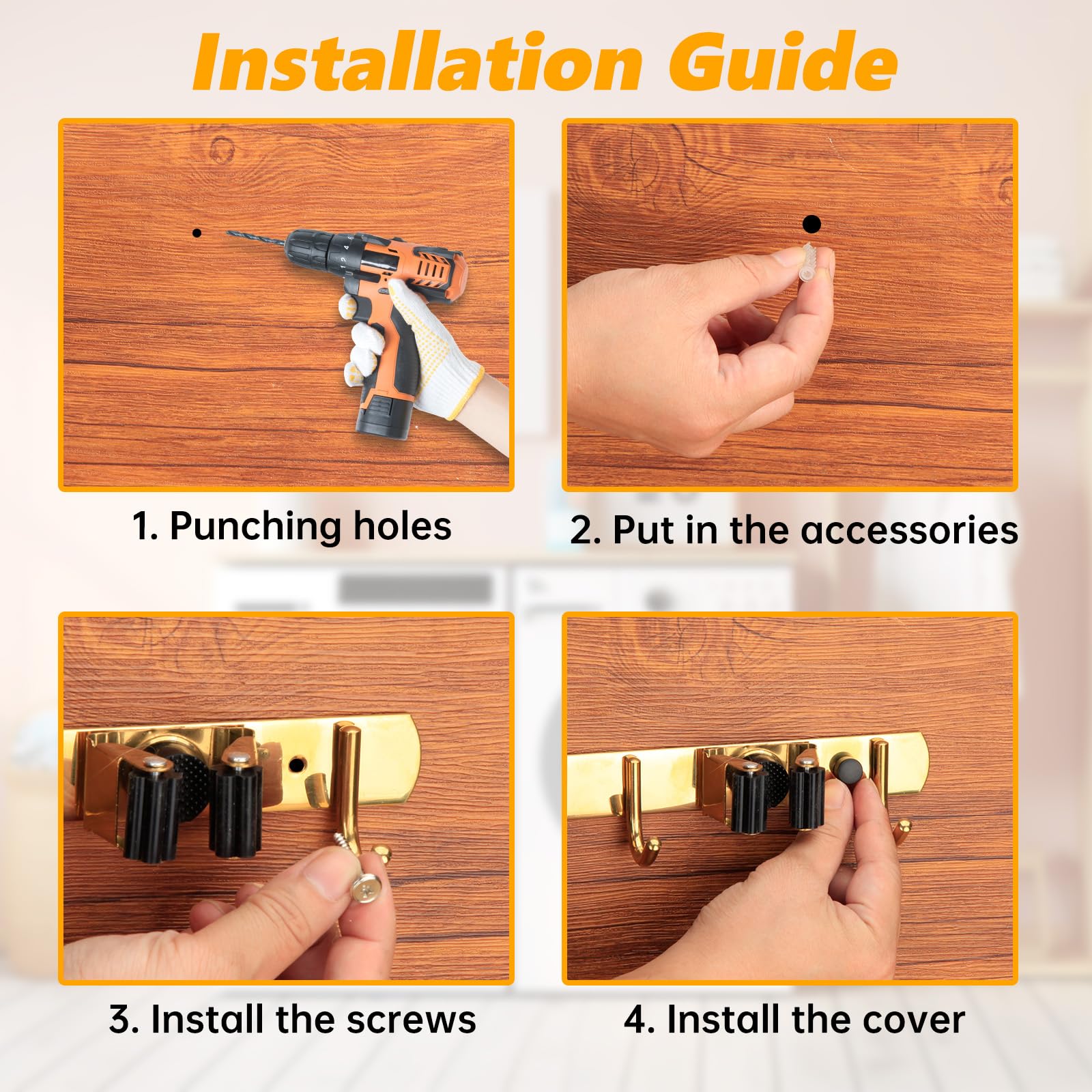 3 Racks and 4 Heavy Duty Hooks Mop and Broom Holder Wall Mount