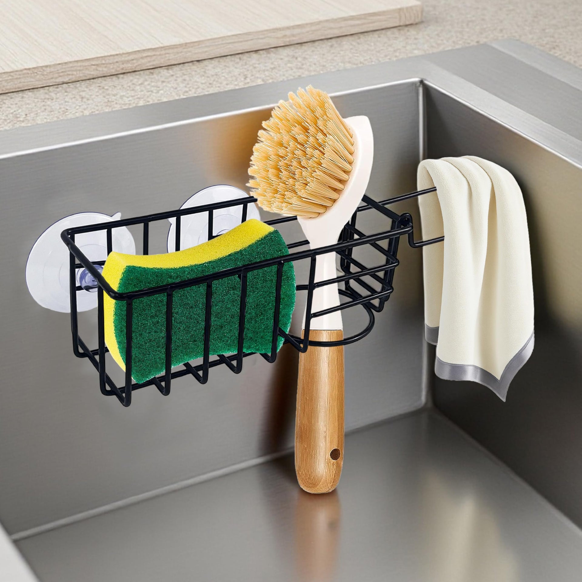 Sponge Holder with Dish Cloth Hanger for Kitchen Sink