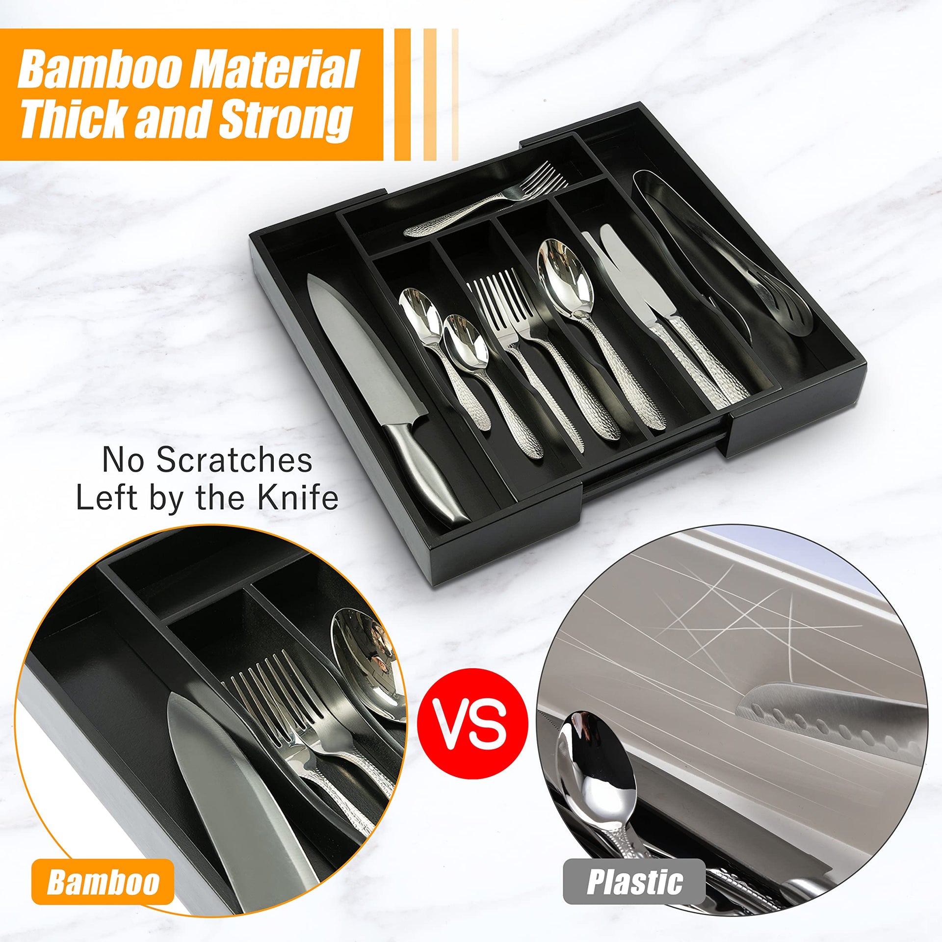 Black Silverware Organizer Kitchen Drawer Organizer Expandable Bamboo Utensil Holder Cutlery Tray for Kitchen Utensil and Flatware Bedroom Office