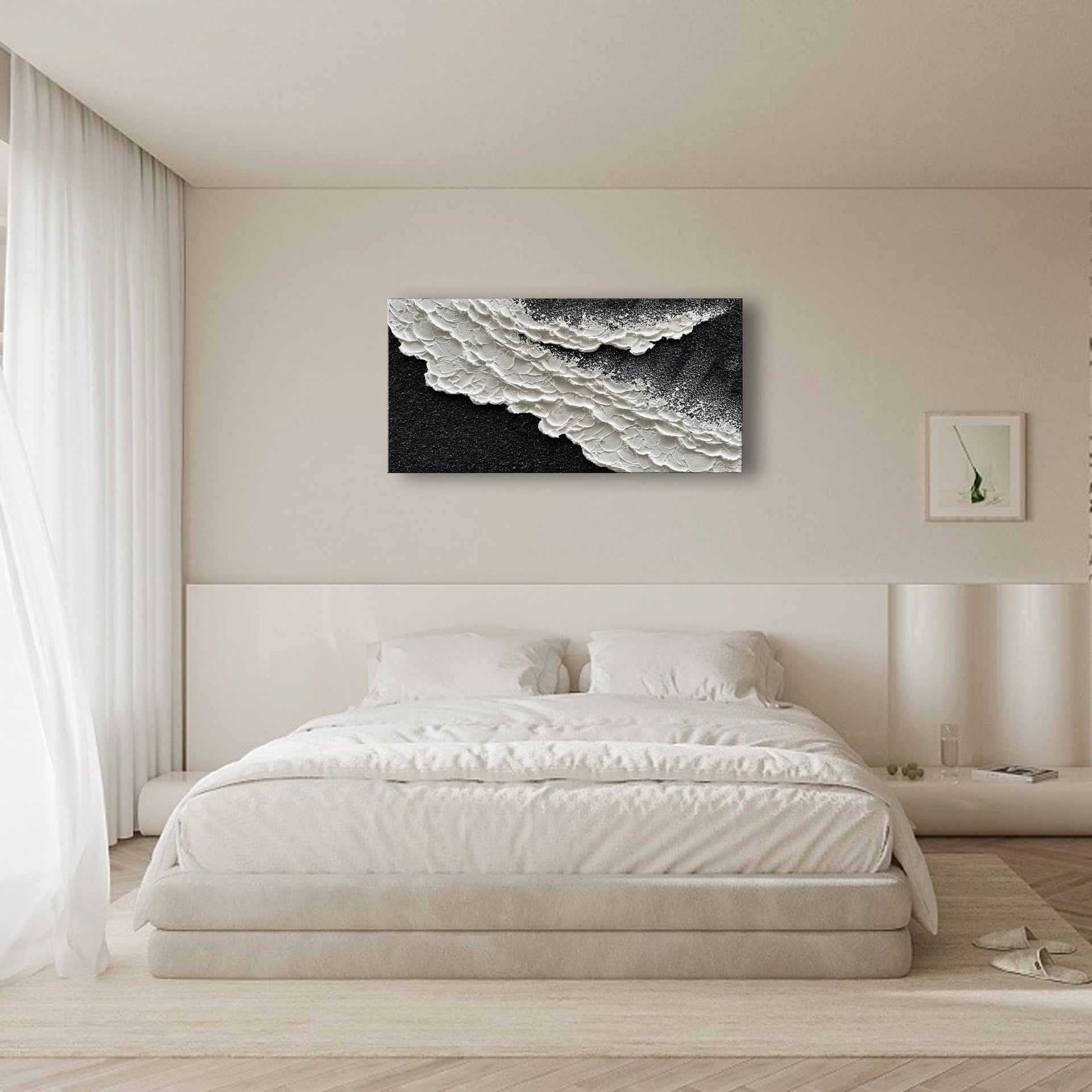 24x48 Inch Hand Painted 3D Ocean Wave Landscape Oil Painting Black and White Abstract Canvas Art Mural Family Wall Decoration Art