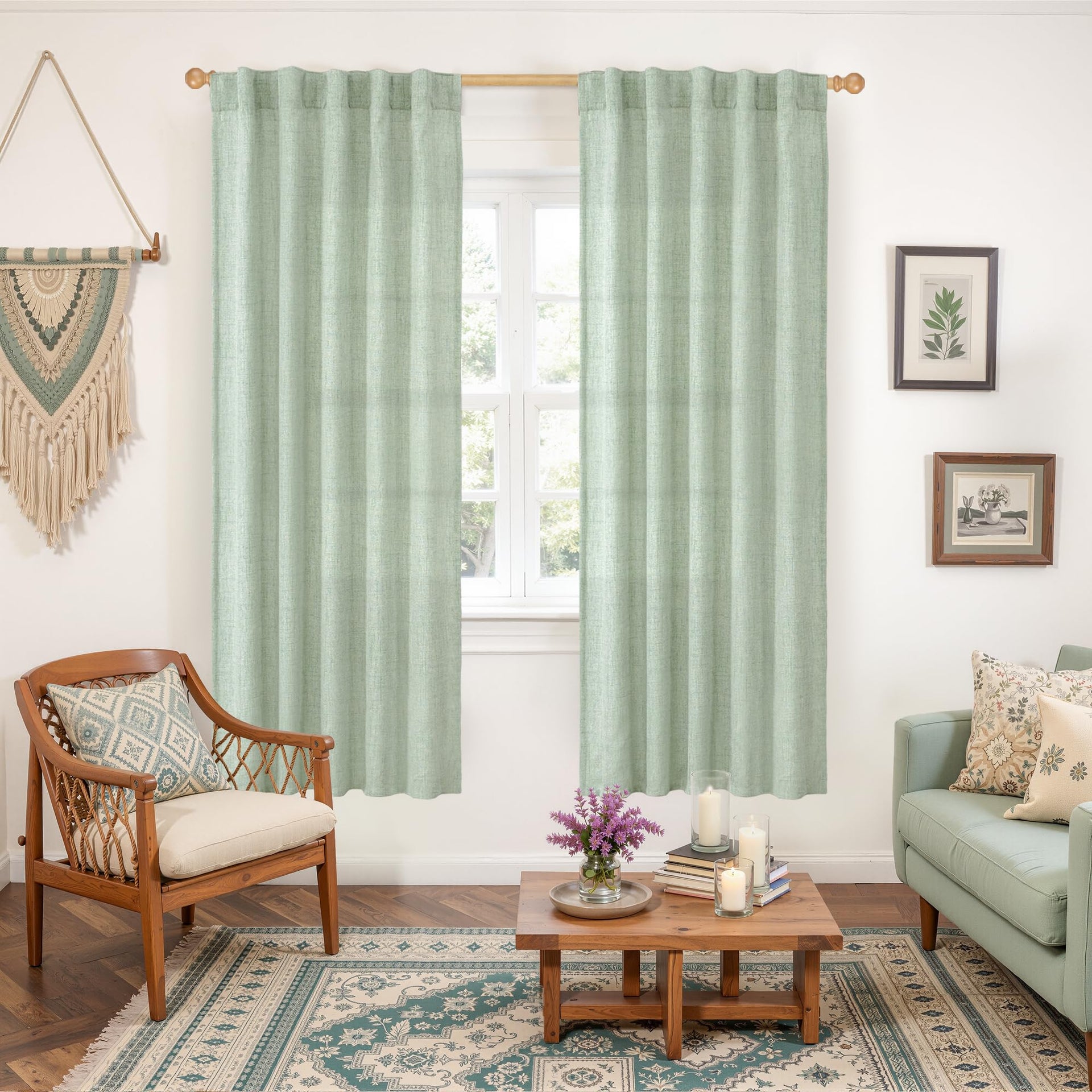 Sage Green Linen Semi Sheer Curtains 72 Inch Length 2 Panels (2 Count)