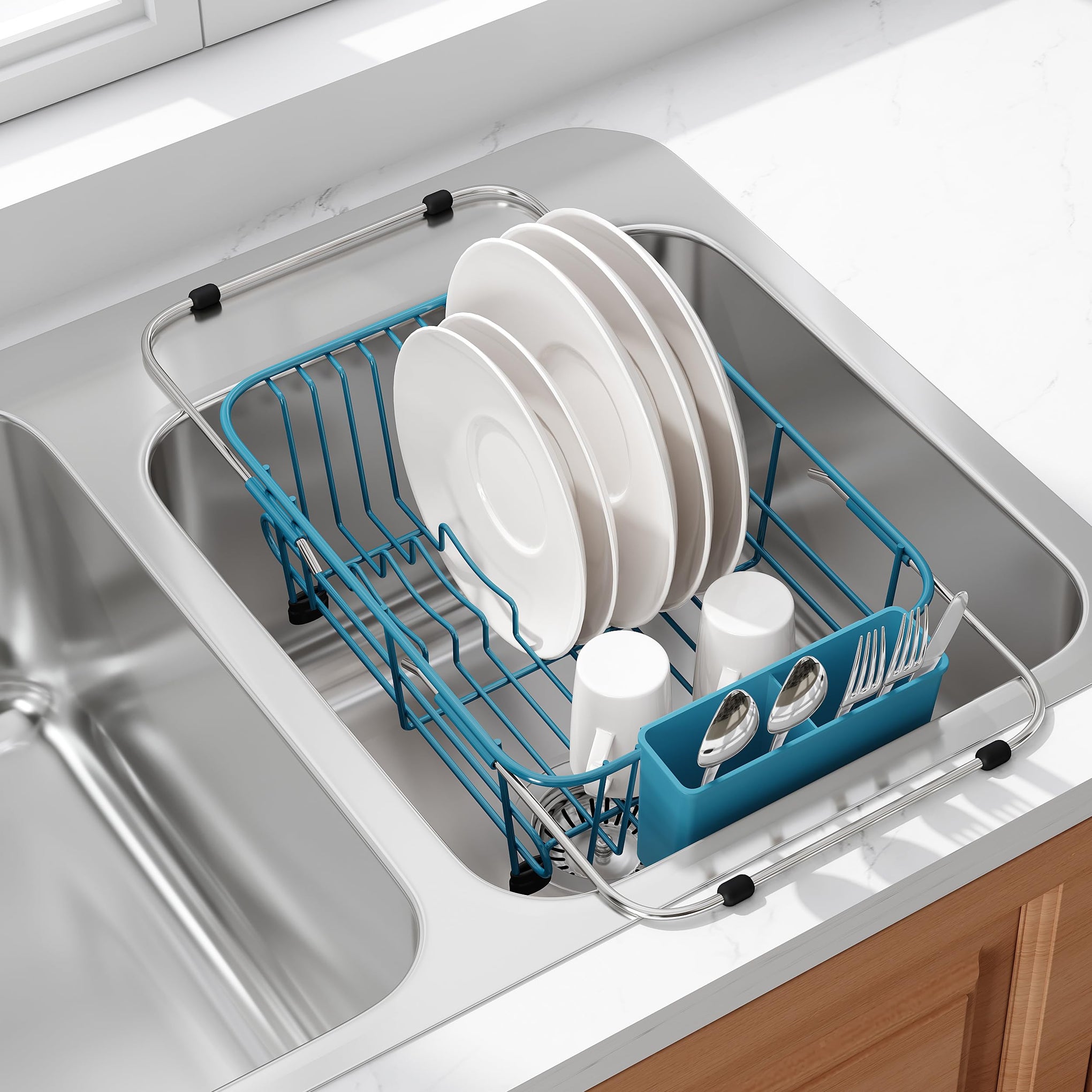 Blue Dish Drying Rack in Sink with Utensil Holder