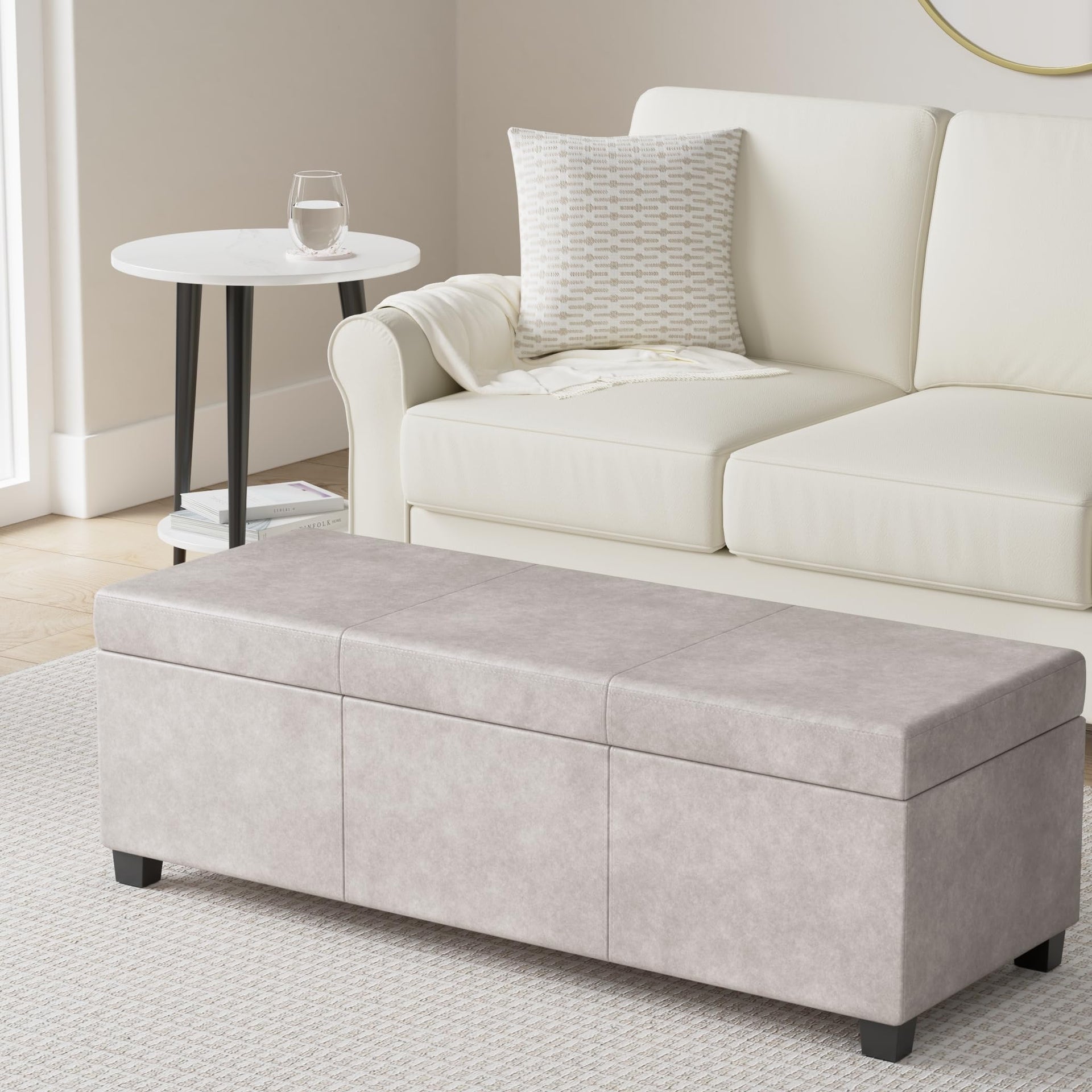 Avalon 48" Wide Linen Look Fabric Storage Ottoman in Cloud Grey