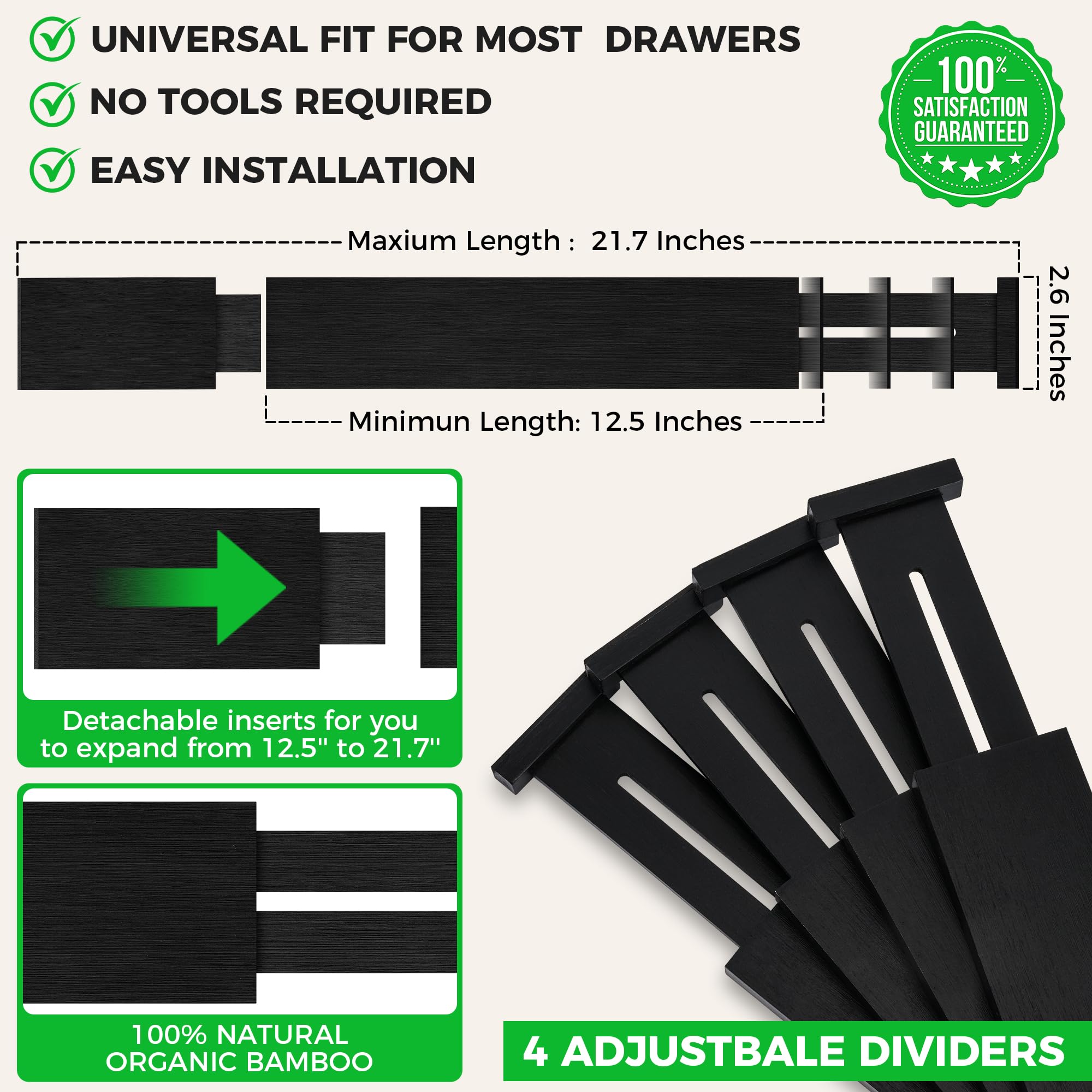 4 Pack Bamboo Drawer Dividers Organizer with Inserts 2.6'' High (4 Count)