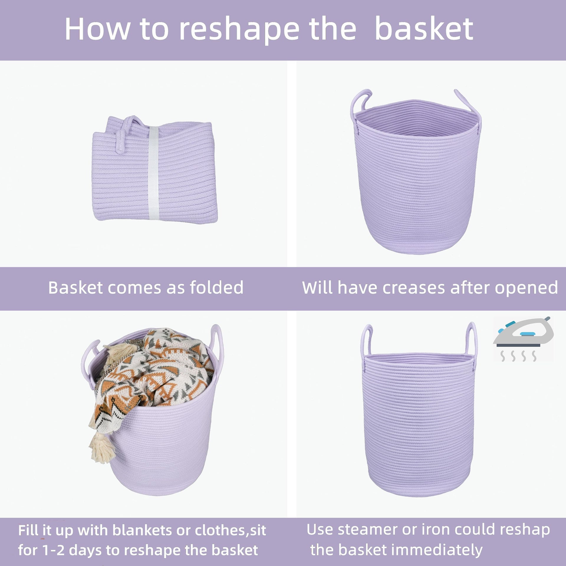 Rope Laundry Basket Hamper for Clothes Large Purple or Lavender