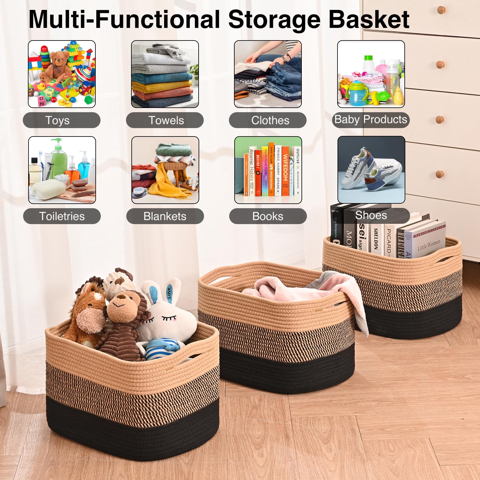 Storage Baskets for Organizing Shelves (3 Count)