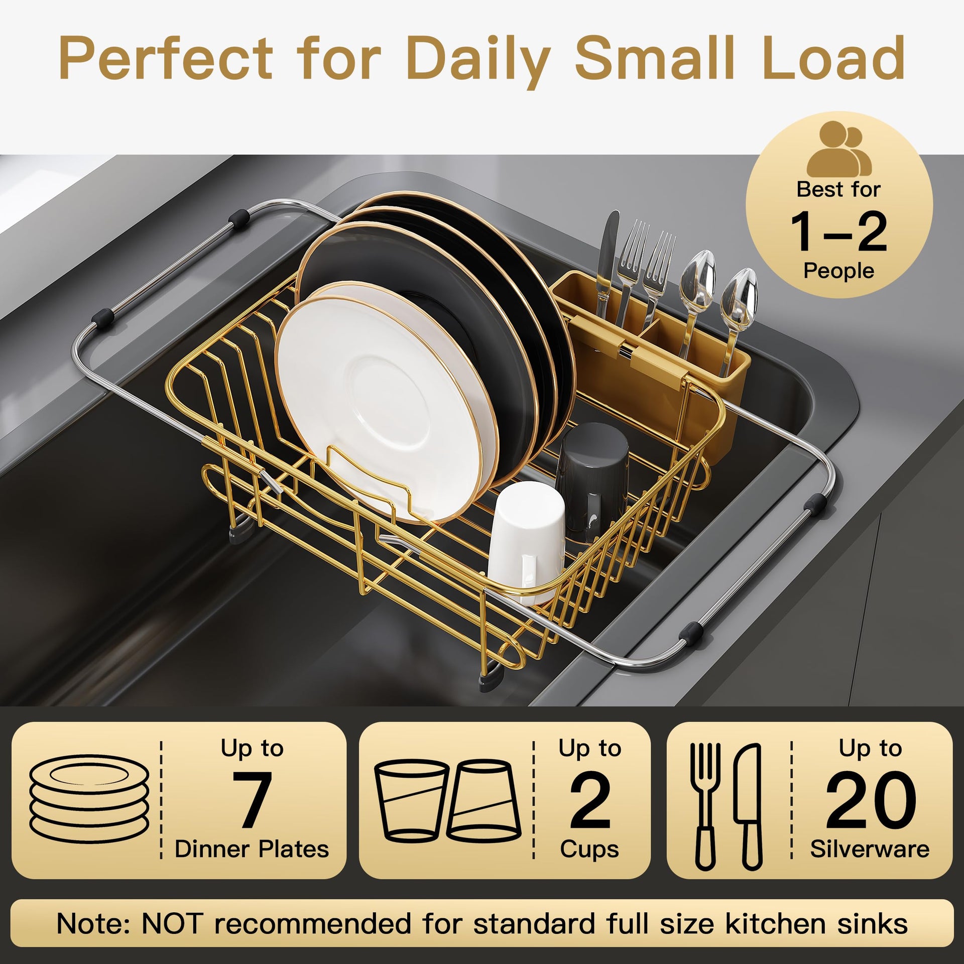 Gold Dish Drying Rack in Sink with Utensil Holder