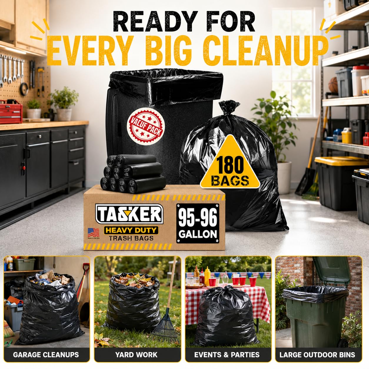 95 Gallon Trash Bags Heavy Duty (180 Count)