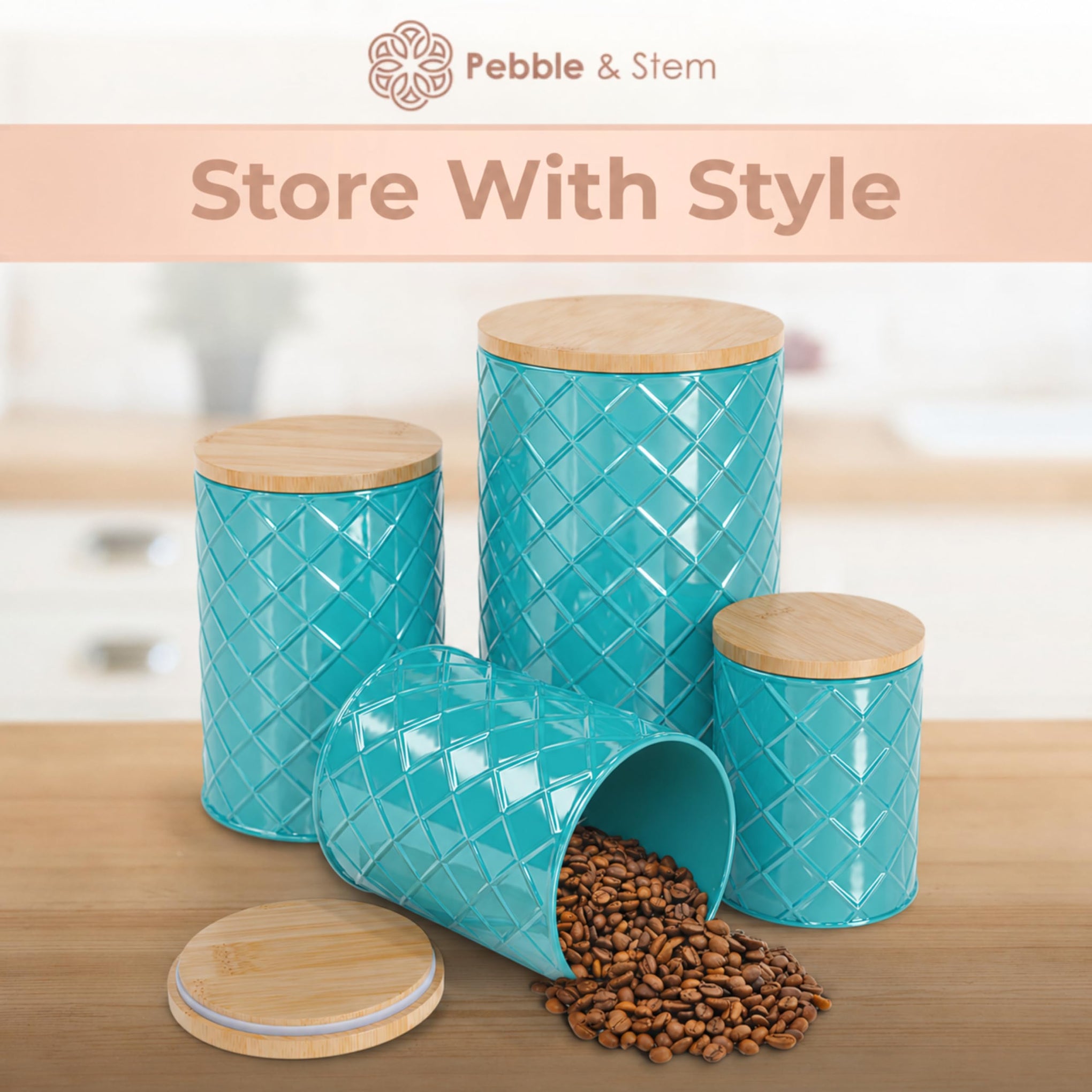 Coastal Teal Metal Canister Set for the Kitchen with Measuring Spoon (4 Count)