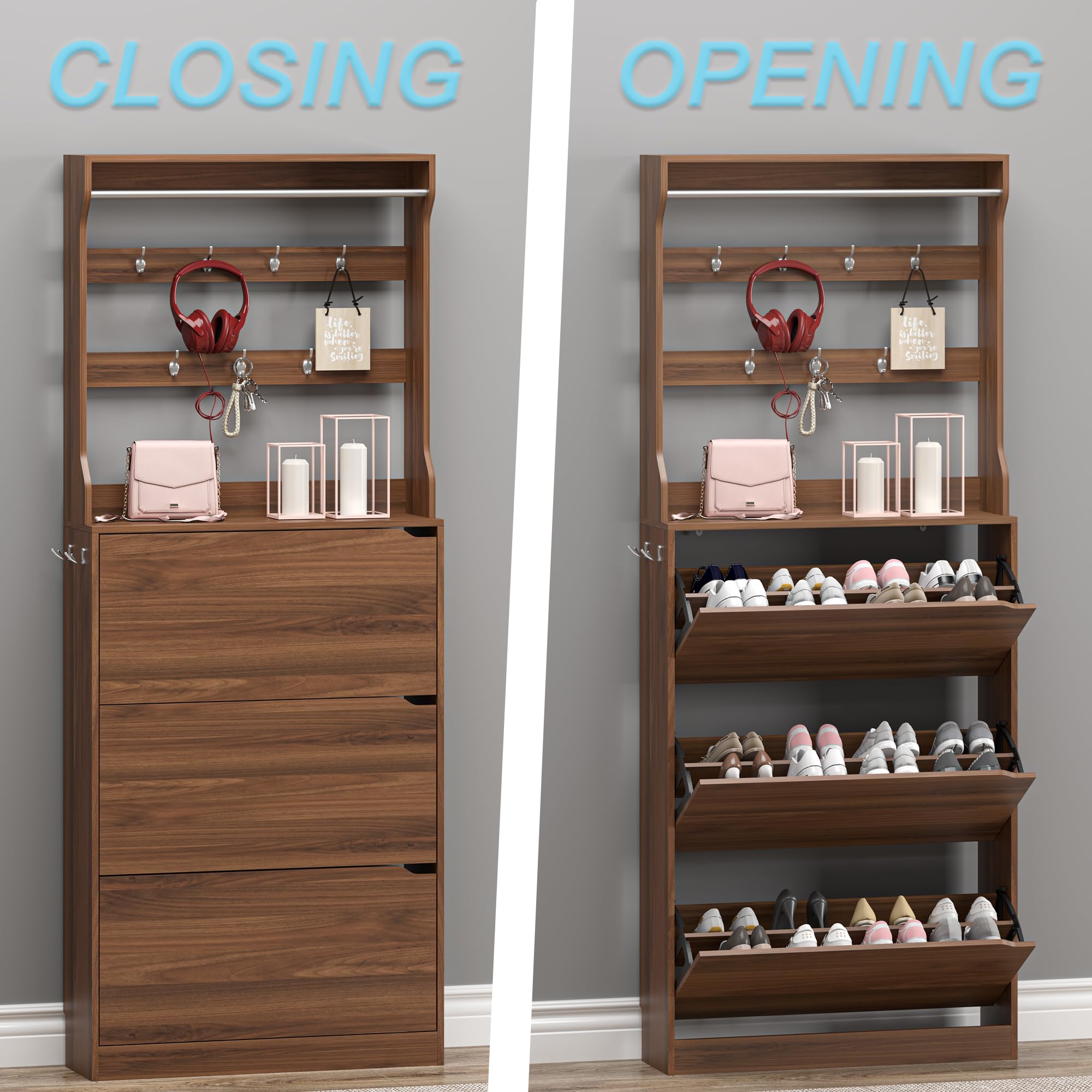 Shoe Cabinet with 3 Flip Drawers & Coat Rack