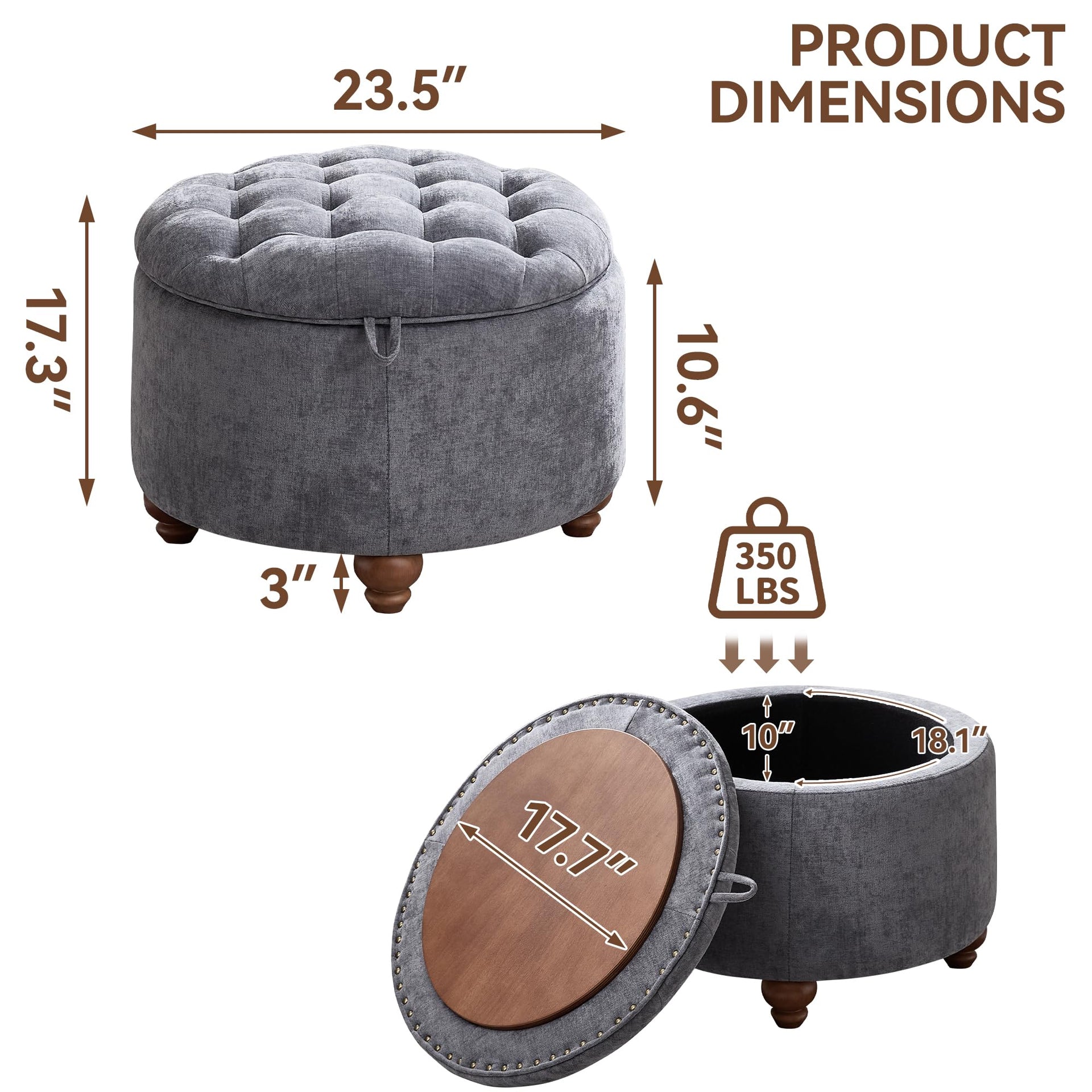 24Inch Round Storage Ottoman with Tray