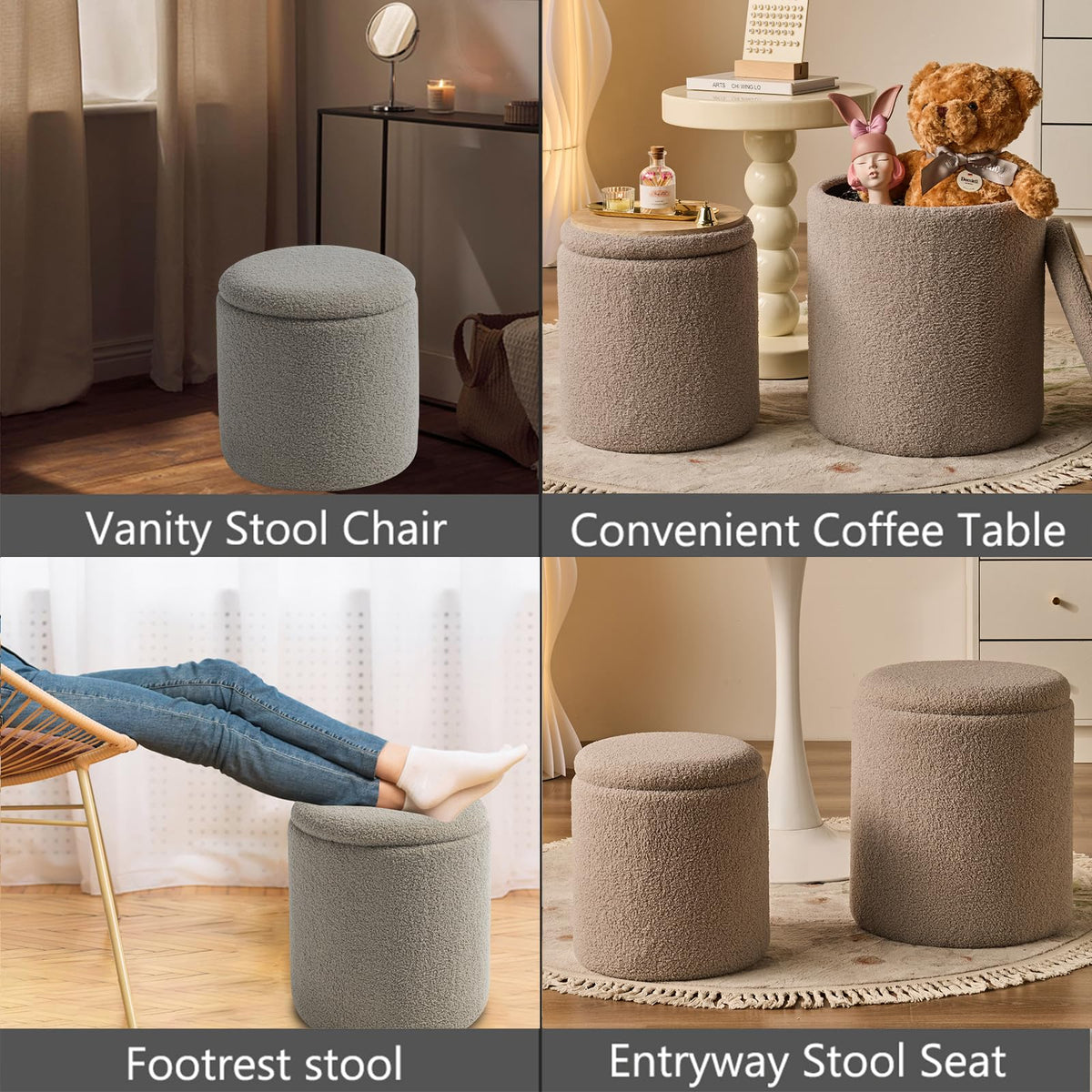 Round Ottoman with Storage Set of 2 Gray Sherpa Vanity Stool (2 Count)
