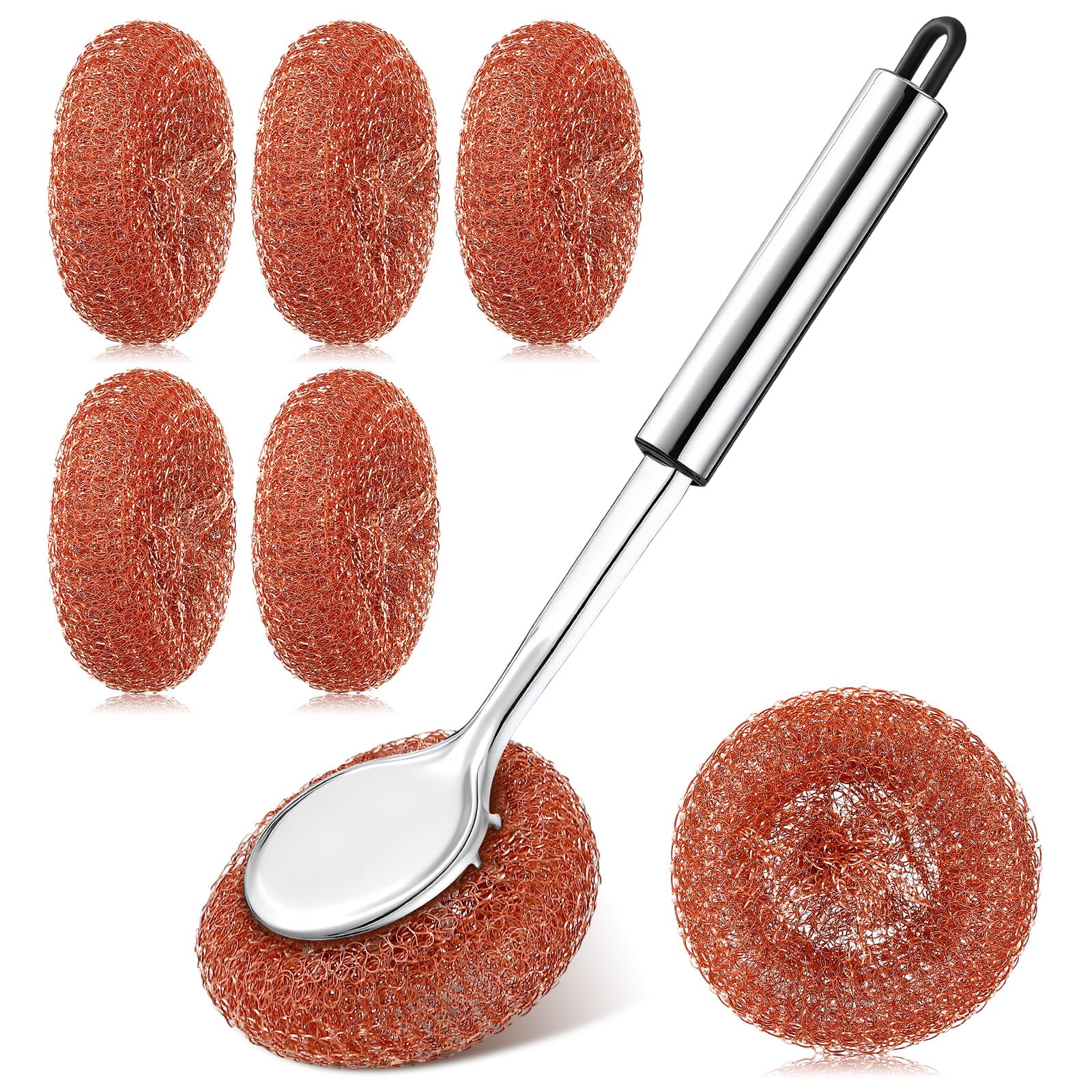 5 Pcs Copper Coated Scourers Copper Scrubbing Pads Scouring Pads 1 PC Steel Wool Scrubber Dish Brush Set with Handle Deep Cleaning Scrubber Silver for Kitchen Cleaning Dishes Pots Pans (6 Count)